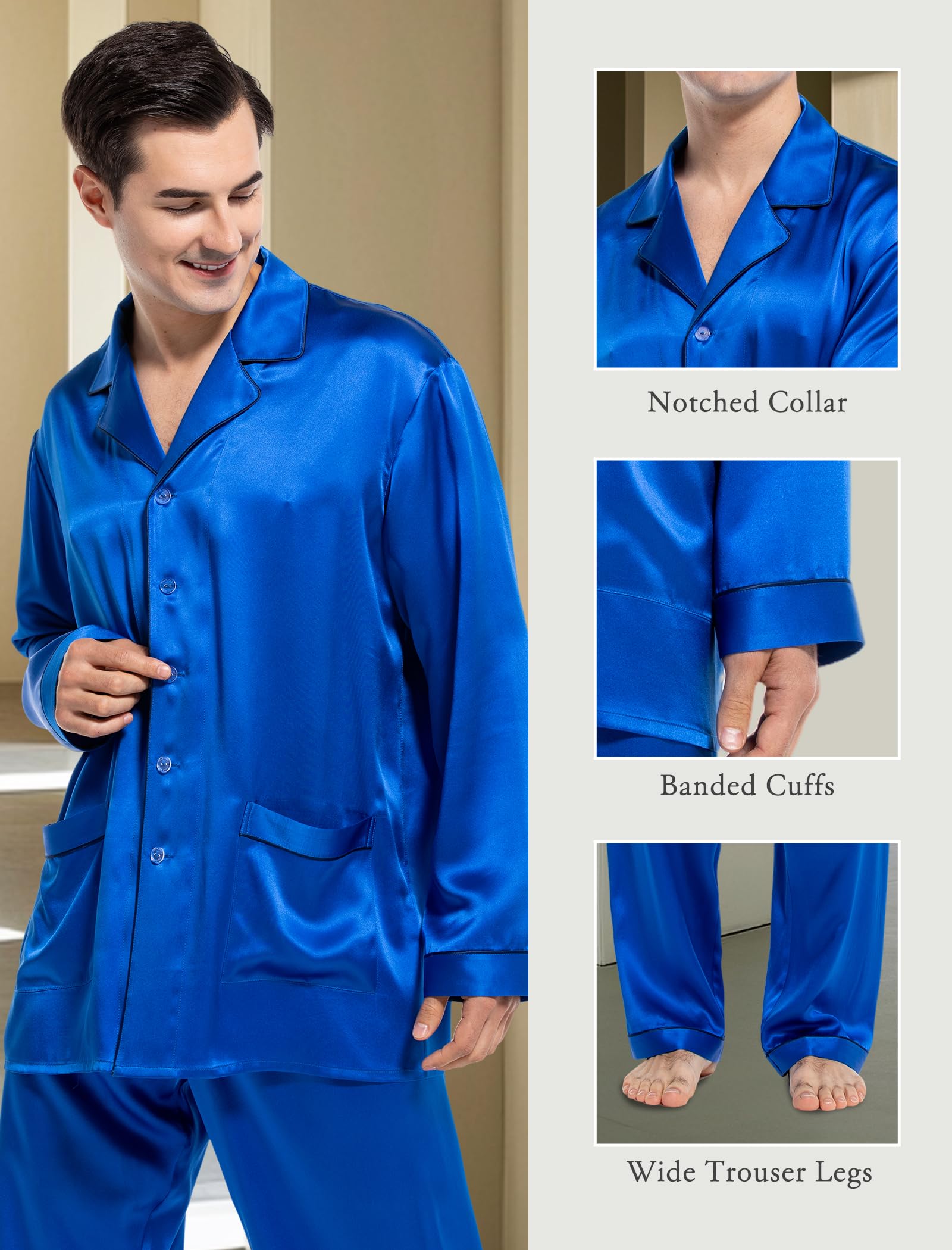 COLD POSH Schlafanzug Herren Pyjama Negligee Lang: Satin Sommer Elegant Nachtwäsche 100% Seide Leicht Weich Sleepwear V Ausschnitt Loungewear Junge Strand Party Reisen Feiertage Navy Blau,L | 2-teiliges weiches leichtes Herren-Pyjama-Set aus Seide für Val