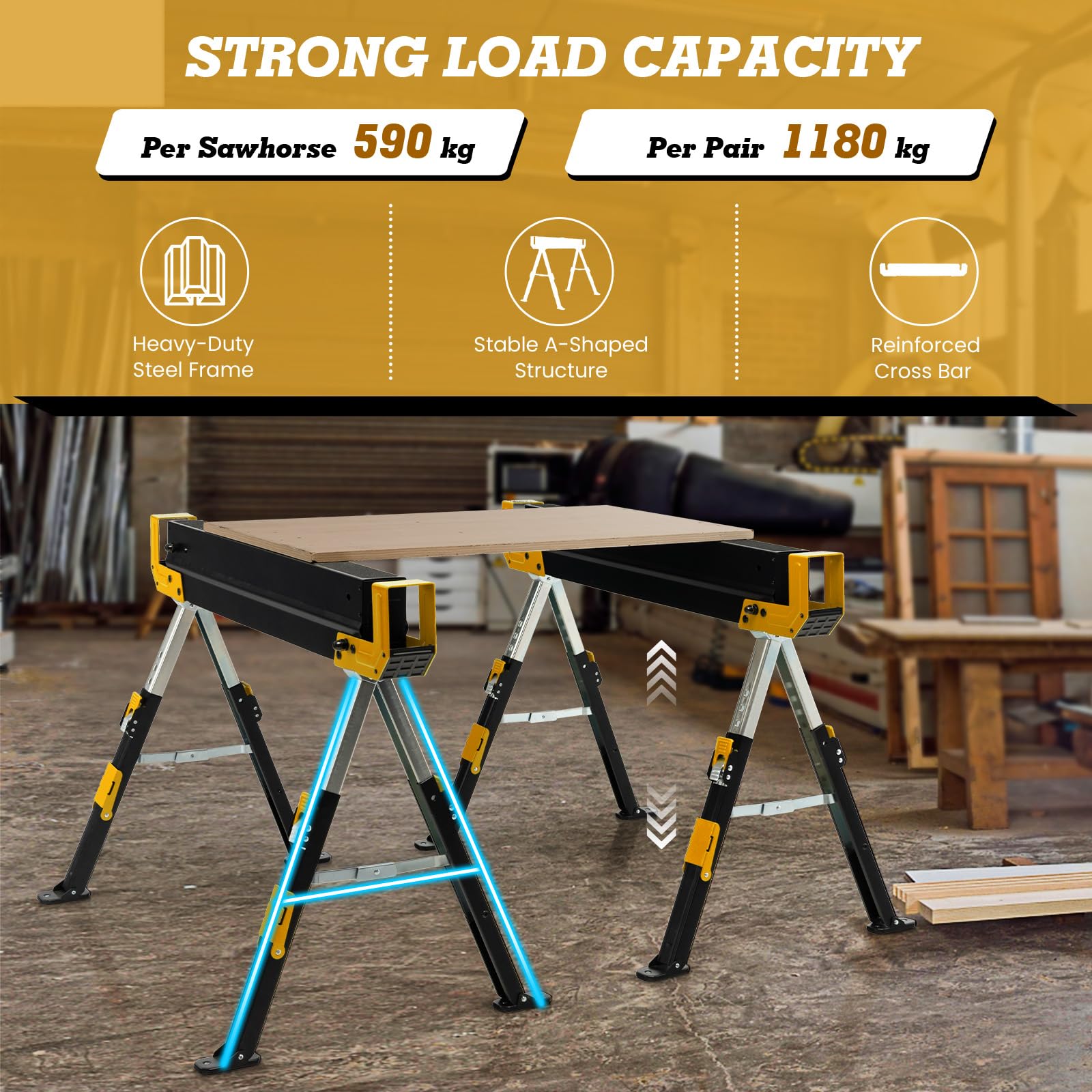 Set Di 2 Cavalletti Da Lavoro Pieghevoli - Portata 170 Kg, Altezza 79 Cm, Salvaspazio, Nero/Giallo