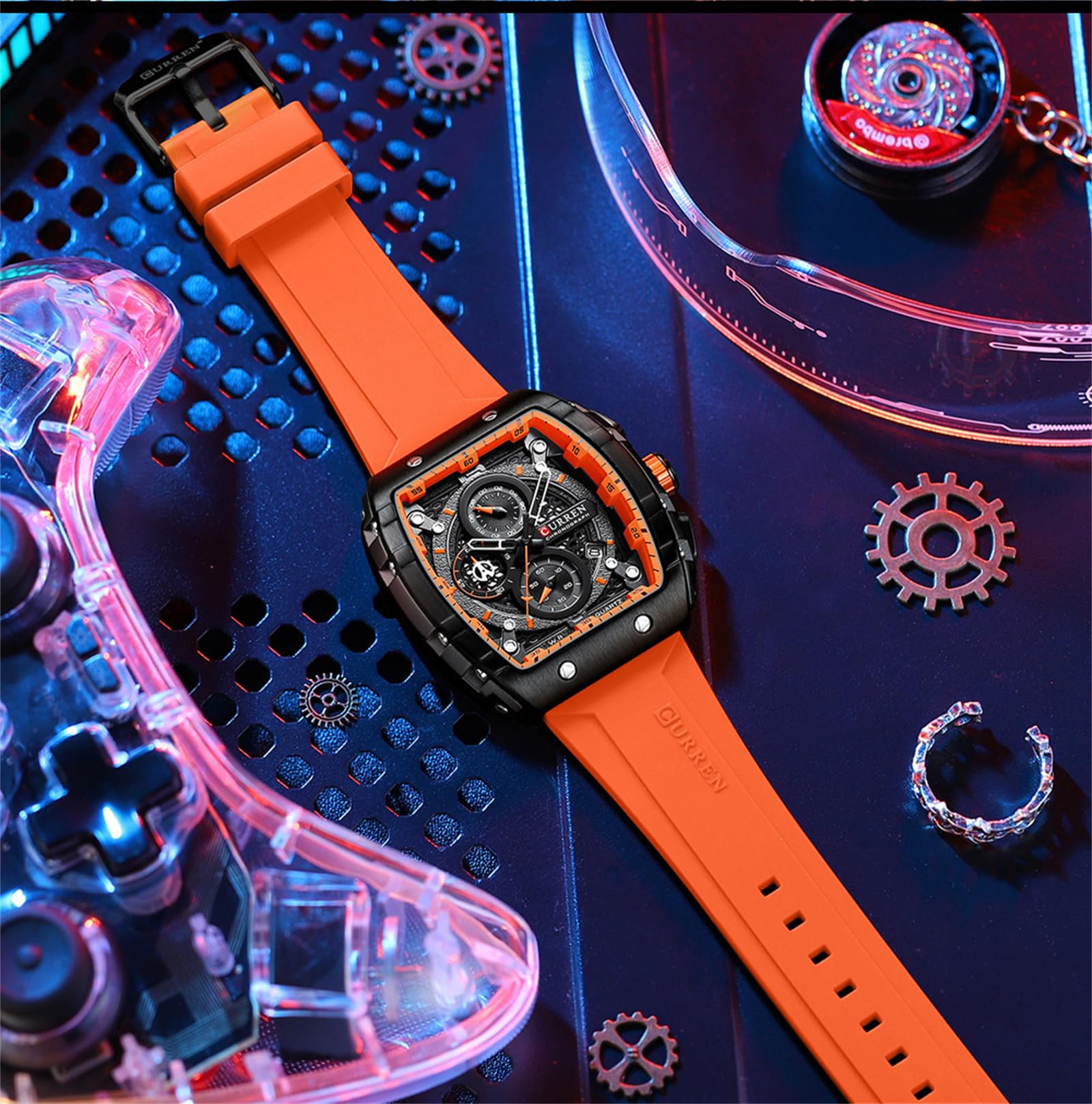 FORSINING Montre analogique à quartz pour homme - Grand cadran rectangulaire - Bracelet en silicone - Étanche - Calendrier - Date