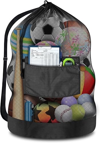 Heavy Duty Soccer Ball Net Bag(100L Extra Large Capacity 10-12Balls), 40" x *30", Drawstring Mesh Ball Bag with Zipper Pocket, Sports Equipment