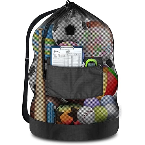 Heavy Duty Soccer Ball Net Bag(100L Extra Large Capacity 10-12Balls), Drawstring Mesh Ball Bag with Zipper Pocket, Sports Equipment Storage Organizer Hold for Gym, Beach, Cloth, Swimming Gears