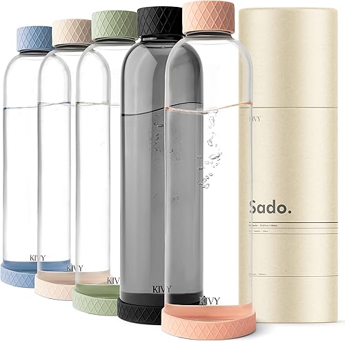 Miniatura 1 de KIVY Botella de agua de vidrio de 32 onzas con funda de silicona, botellas de agua de vidrio sin BPA de 32 onzas, botellas de agua estéticas de 1