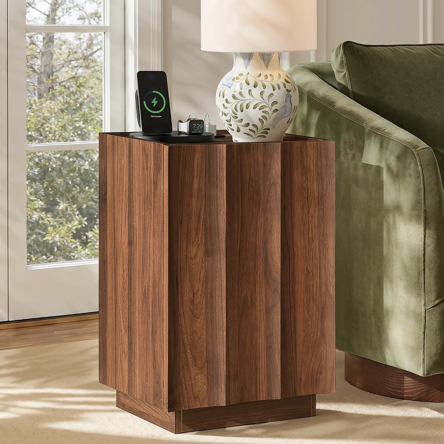 win2win 15.4" End Table with Charging Station, Wave Design, Walnut