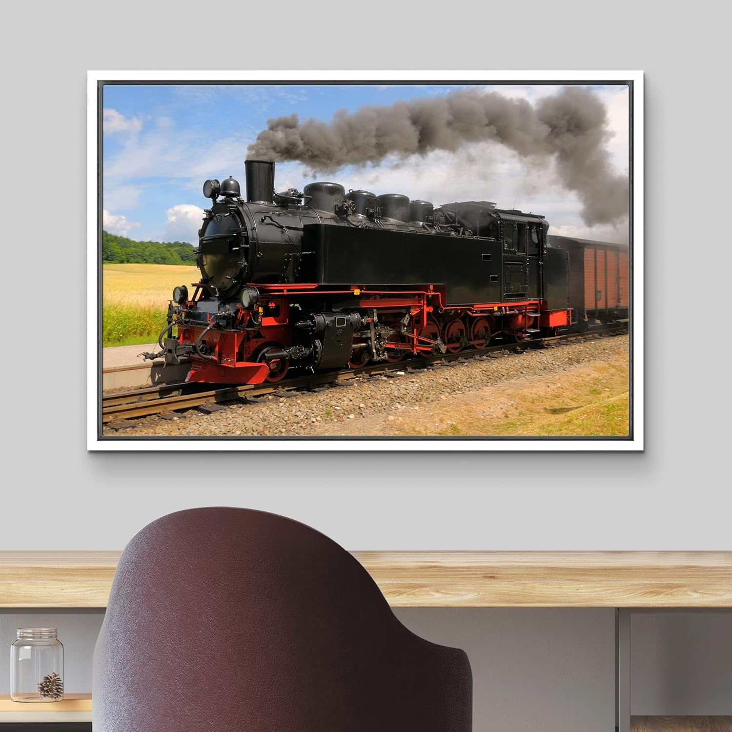 Steam Train with Black Smoke Running on Island Rugen Northern Germany - Framed Canvas Art Wall Art - 16"x24" White