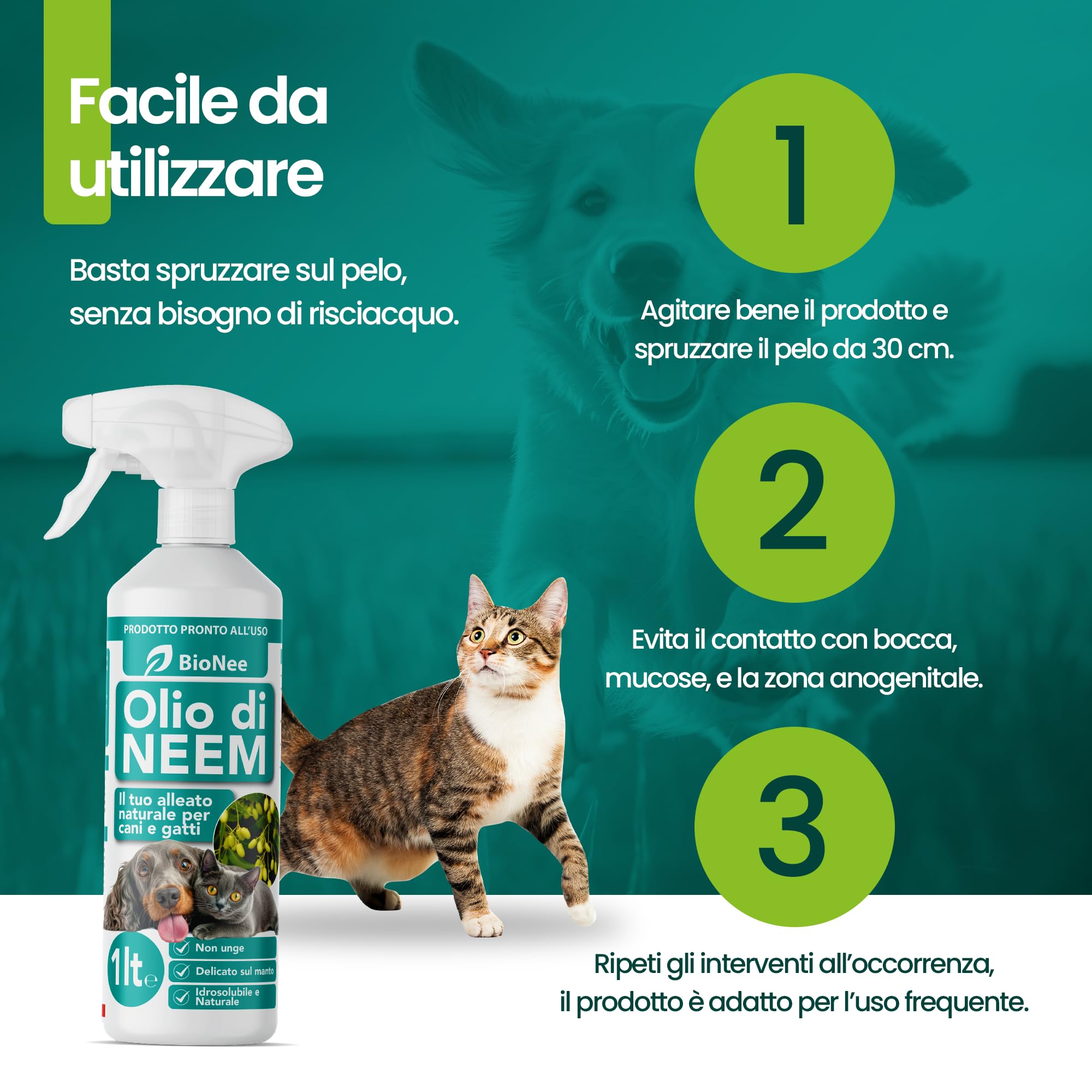 Huile de Neem pour Chiens et Chats Spray 1 L - Hydrosoluble, Naturel, Non Graisse - Action Délicate, Effet Barrière Dégoûté à Tiques Chiques Moustiques Insectes