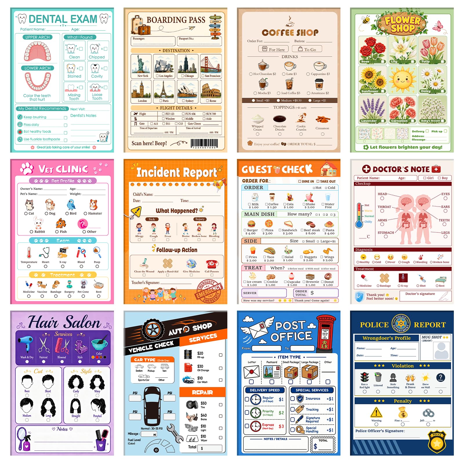 12-Theme Pretend Play Notepads for Kids 3-8, 4 x 6 Inch Playtime Notepads