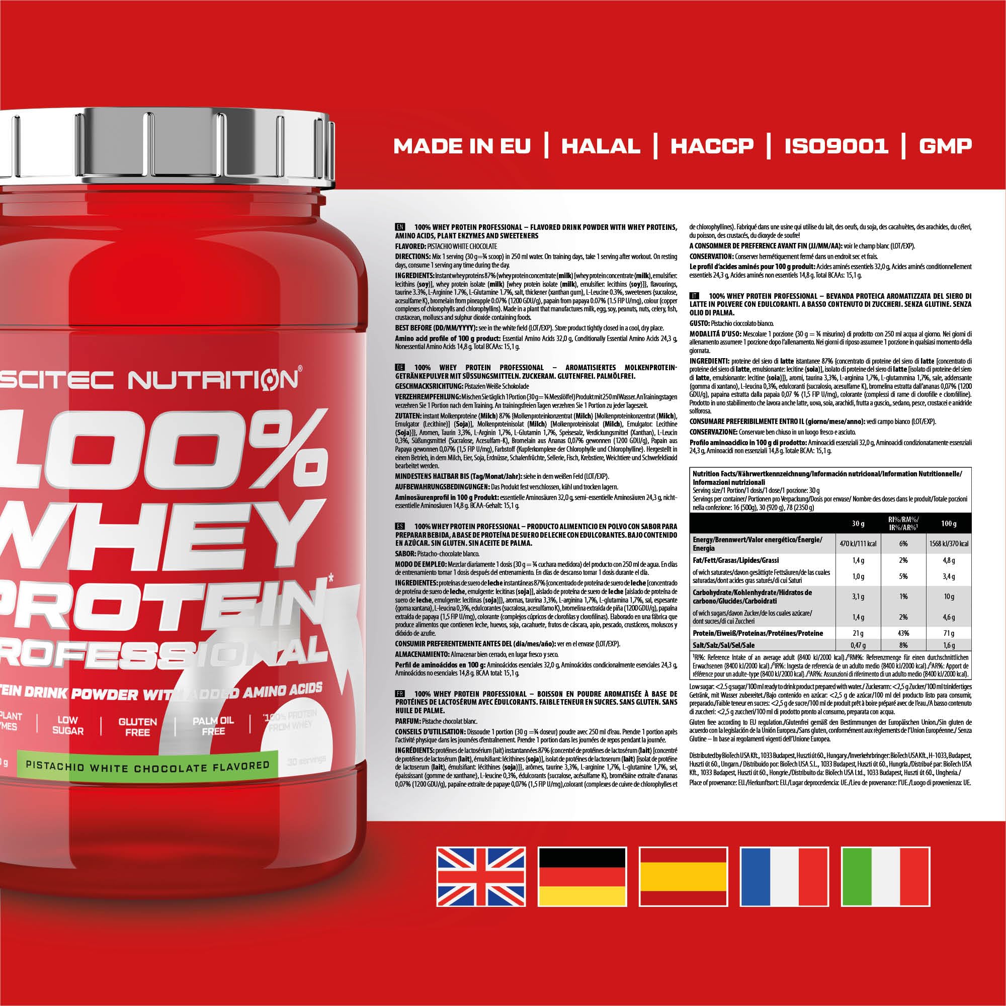 Scitec Nutrition 100% Whey Protein Professional - Complesso sieroproteico | Da concentrato e isolato - con enzimi digestivi - proteine per i muscoli - 920 g, Pistacchio-Cioccolato bianco