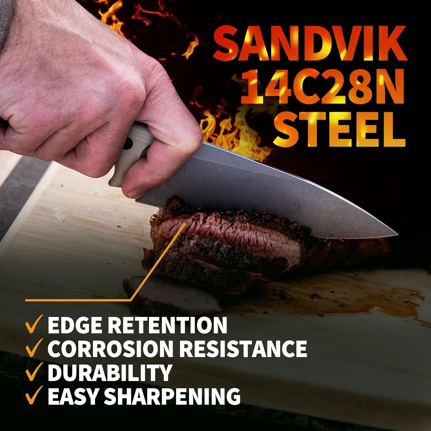 Off-Grid Knives - Sierra Chef Knife with Sandvik 14C28N Stainless Steel, Kydex Sheath and Belt Clip, G10 Scales, Camping, BBQ & Home Kitchen Use (Coyote)