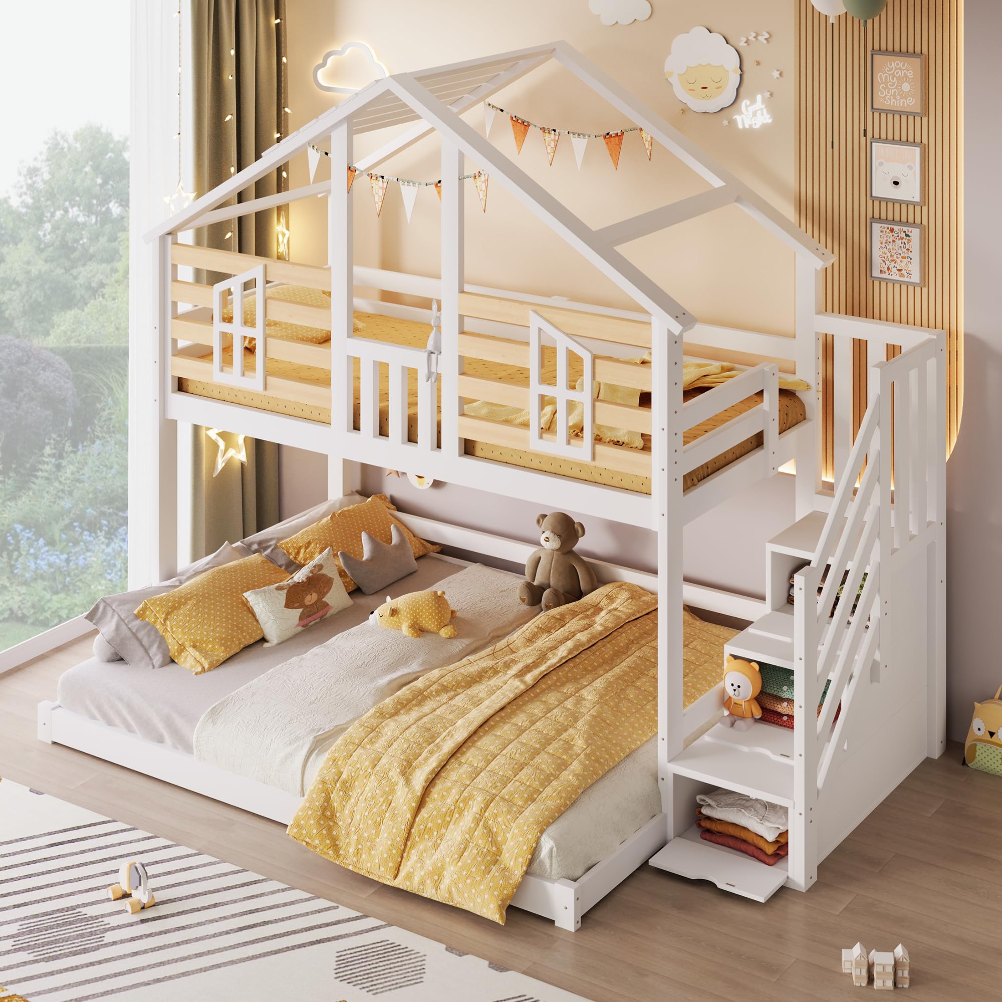Letto a castello, 90x200cm + 140x200cm, design a casa, design con finestra, scaletta contenitore, letti di varie misure, senza materasso, bianco + naturale((Bianco + Naturale)-B)