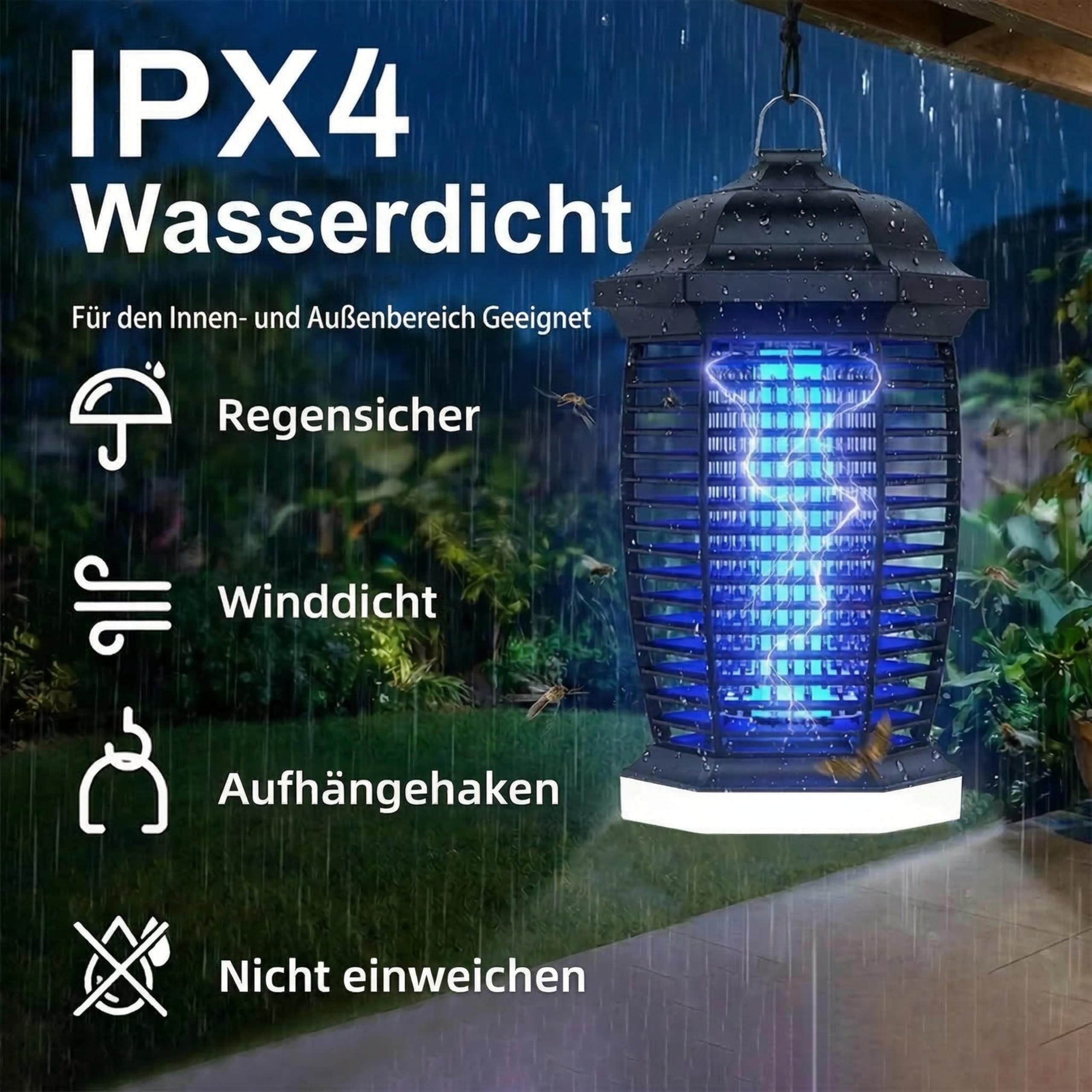 seenlast Insektenvernichter Elektrisch 4000V, 18W UV-Lampe Stark Elektrischer Insektenfalle Mückenlampe,Elektrische Fliegenfalle Mückenfalle Mückenabwehr für Garten Innen und Aussen (1,8M)