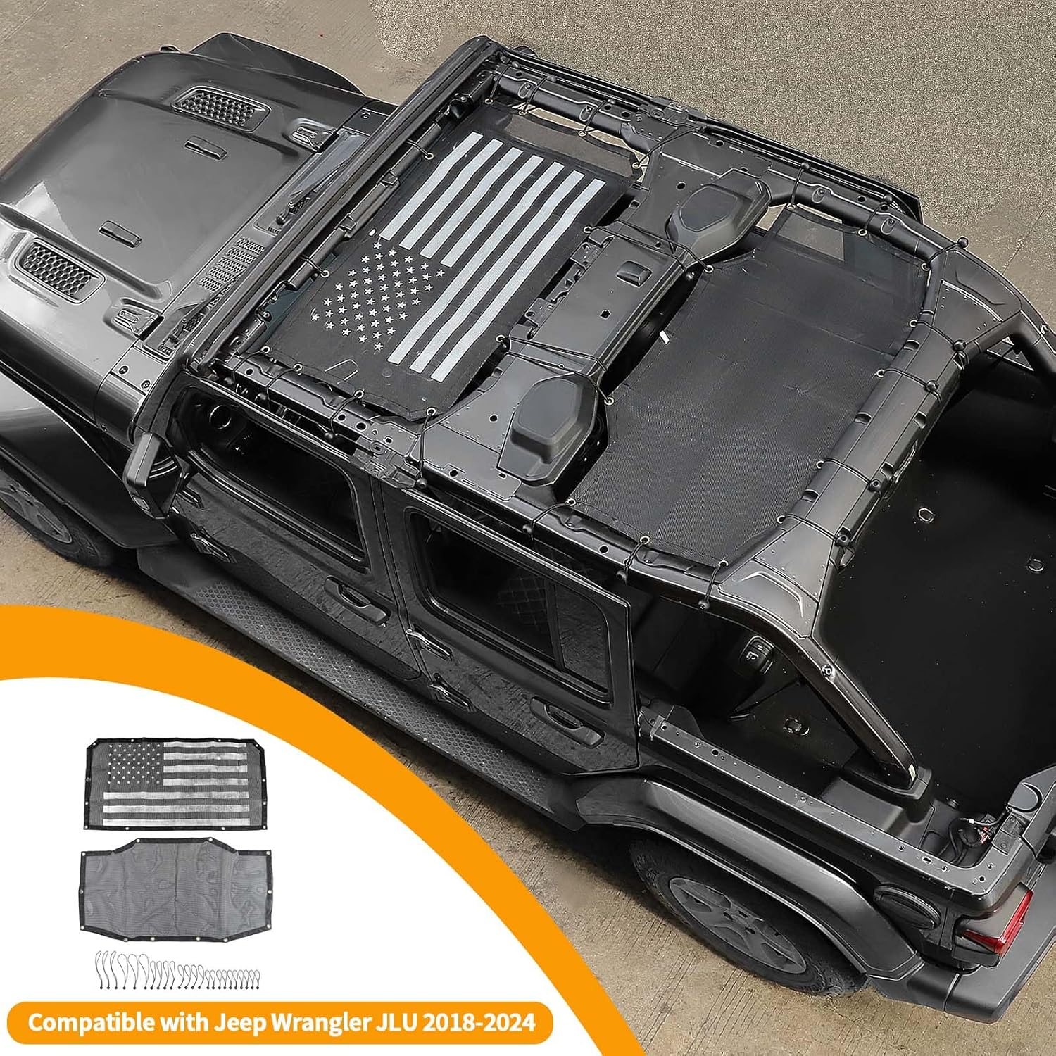 Hoolcar Front & Rear Mesh Sun Shade for Jeep Wrangler JL Unlimited (2018-2024) 4 Doors- American Flag Mesh Screen Sunshade JLU Top Mesh Cover UV Blocker Mesh Cover, American Flag