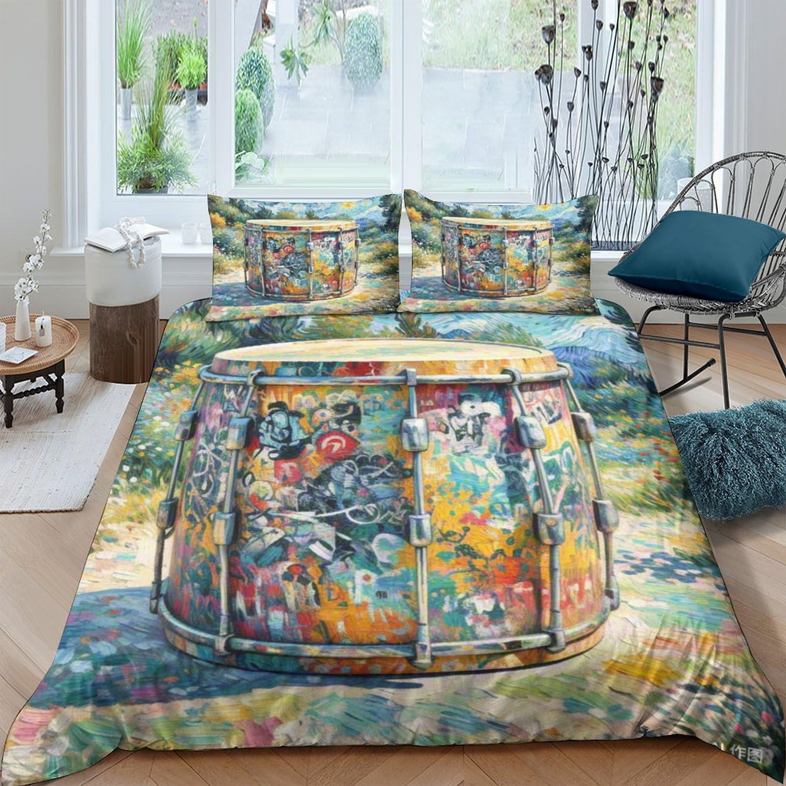 Housse de couette tambour 3D 200x200 cm en microfibre avec taie d'oreiller