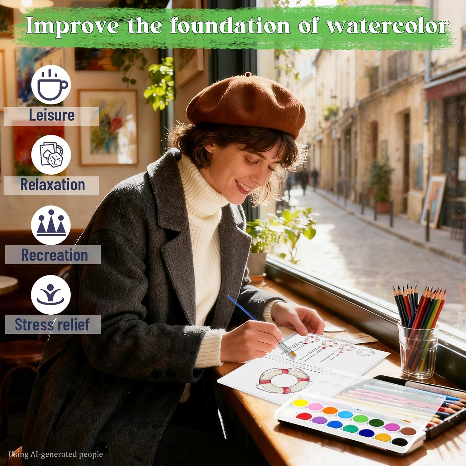 Beginners Watercolor Workbook for Adults -Step-by-Step Coloring Book Set-12 coloring book pages - Includes 16 color blocks and a brush - Professional Watercolor Paper: 300gsm/140lb (Seaside)