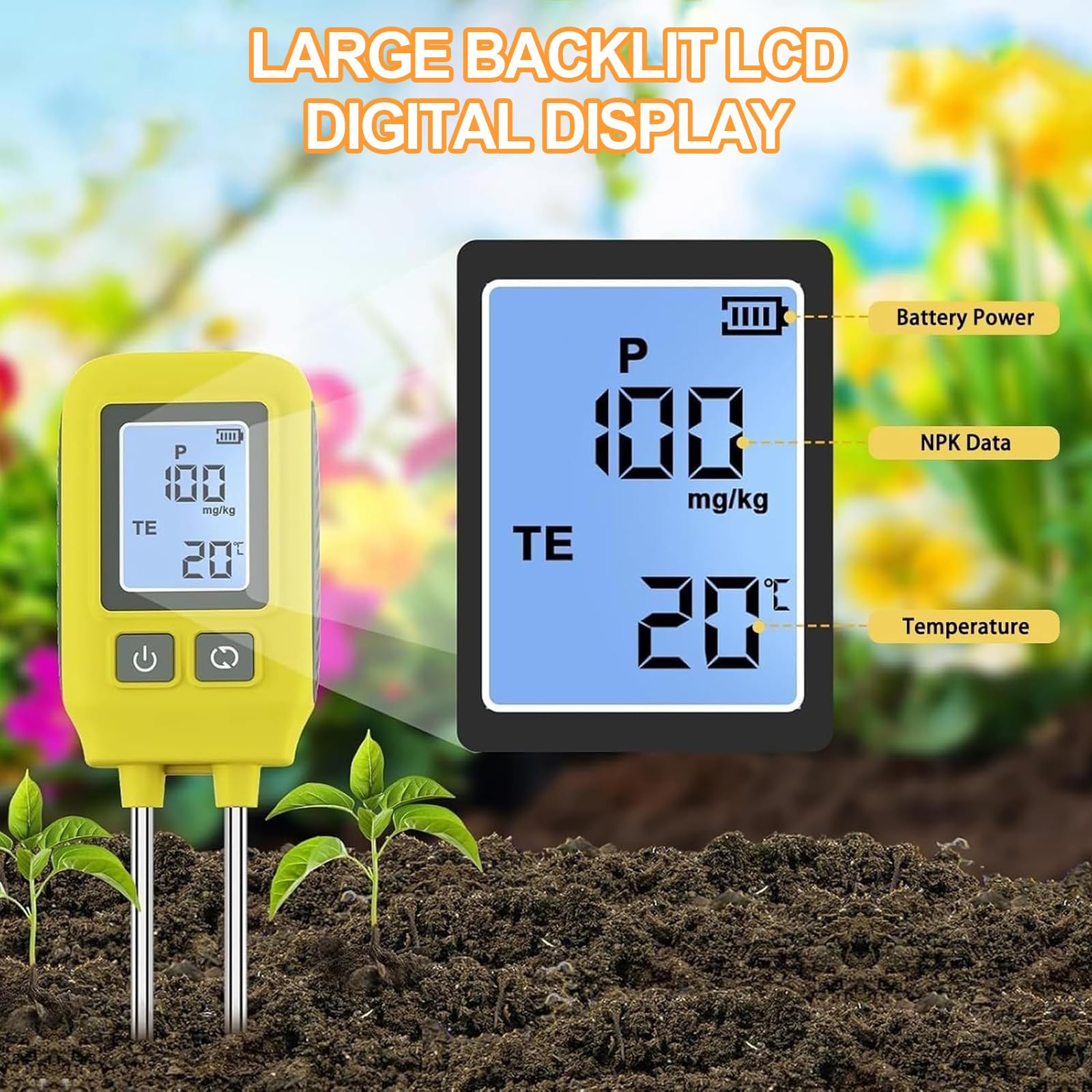 Tester gleby 4 w 1, cyfrowy wyświetlacz LCD do pomiaru azotu, fosforu, potasu i temperatury, dokładne narzędzie do testowania gleby do pielęgnacji ogrodu i roślin