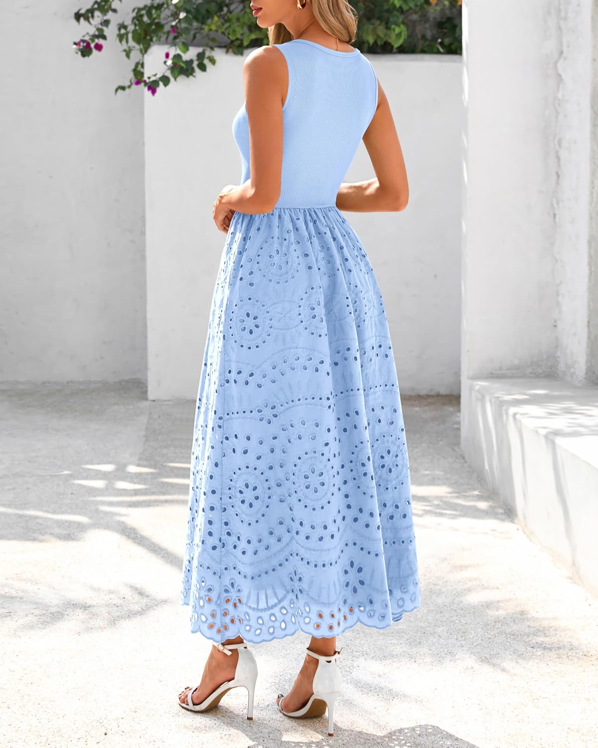 dowerme Women Summer Dresses 2026 Casual Sleeveless Crewneck A-Line Boho Lace Eyelet Cotton Tank Maxi Dress with Pockets - Image 5