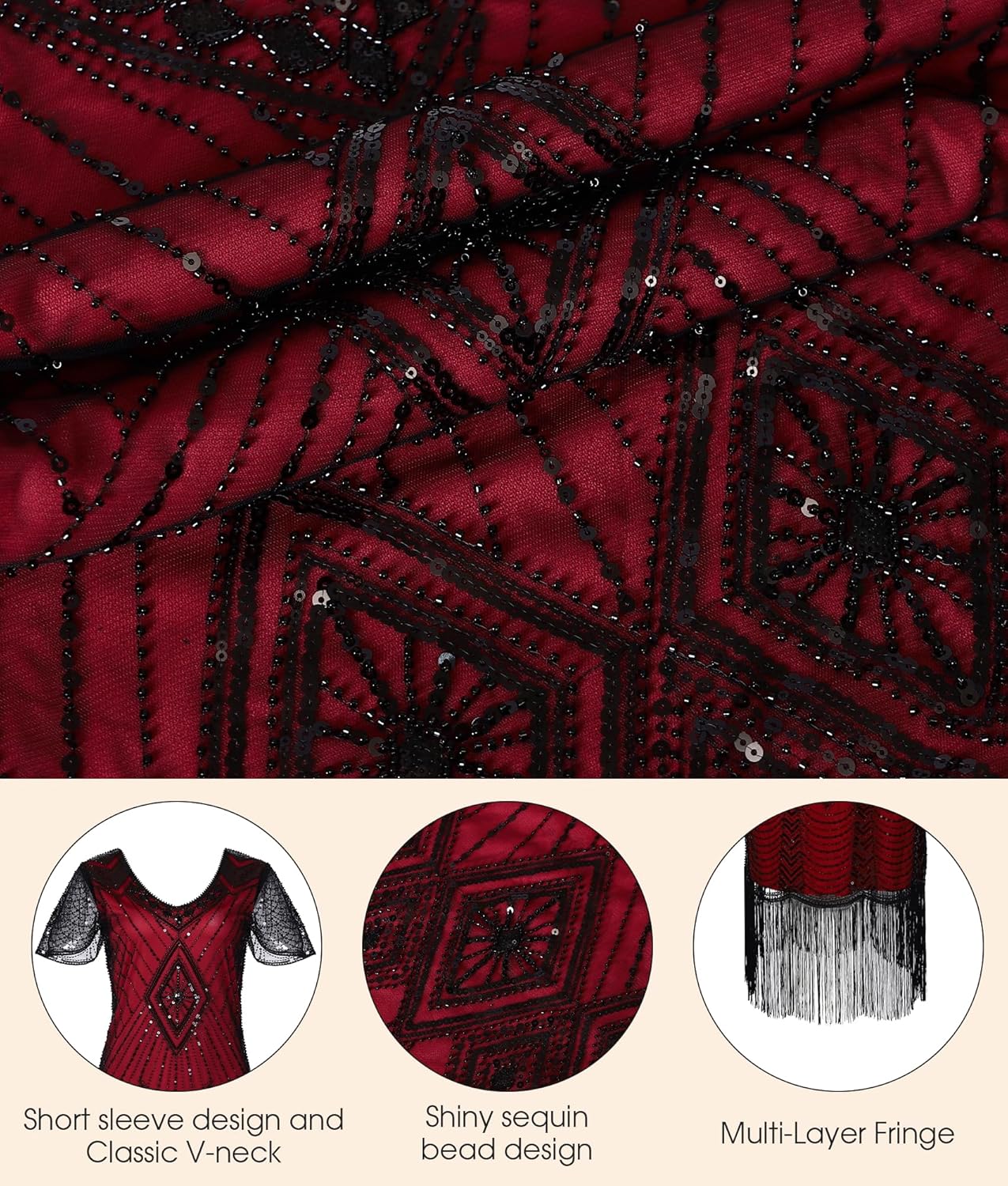 1920s Dresses for Women, Great Gatsby Dresses Roaring 20s for women, Sheer Beaded Sleeves Costume with accessories - Image 7