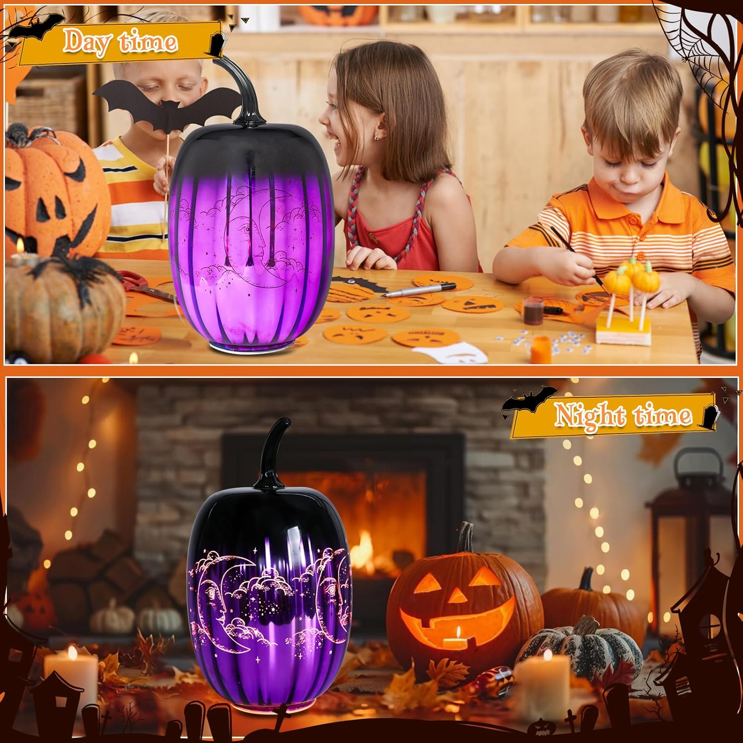Glass Pumpkin Lights, Light up Pumpkins Table Lamps for Halloween Decorations Fall Thanksgiving Holiday Party Home Tabletop Centerpiece Decor