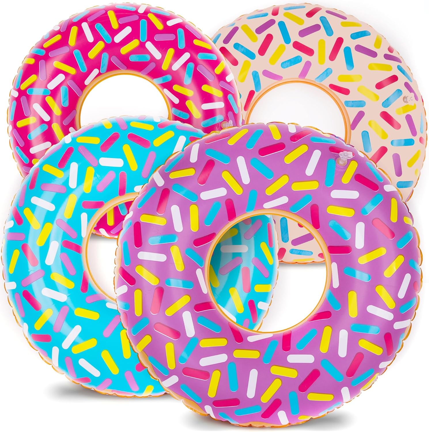ArtCreativity Inflatable Donut Pool Float for Kids (Pack of 4) - Colorful Sprinkle Tube in Assorted Designs for Summer, Beach, and Birthday Party Decorations