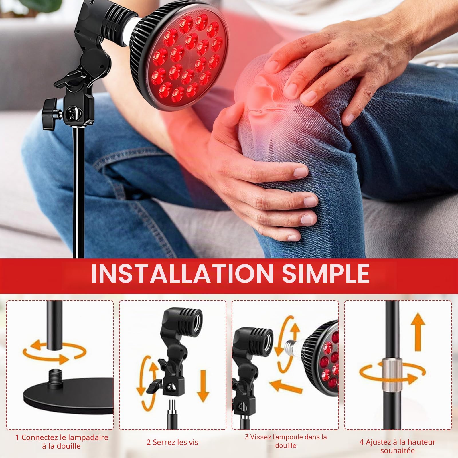 Lampe à lumière rouge avec pied, lampe infrarouge 54W 850 & 660nm, 18 LED pour thérapie par lumière rouge, chaleur profonde pour soulagement des douleurs au visage, cou et dos, efficacité et réglable