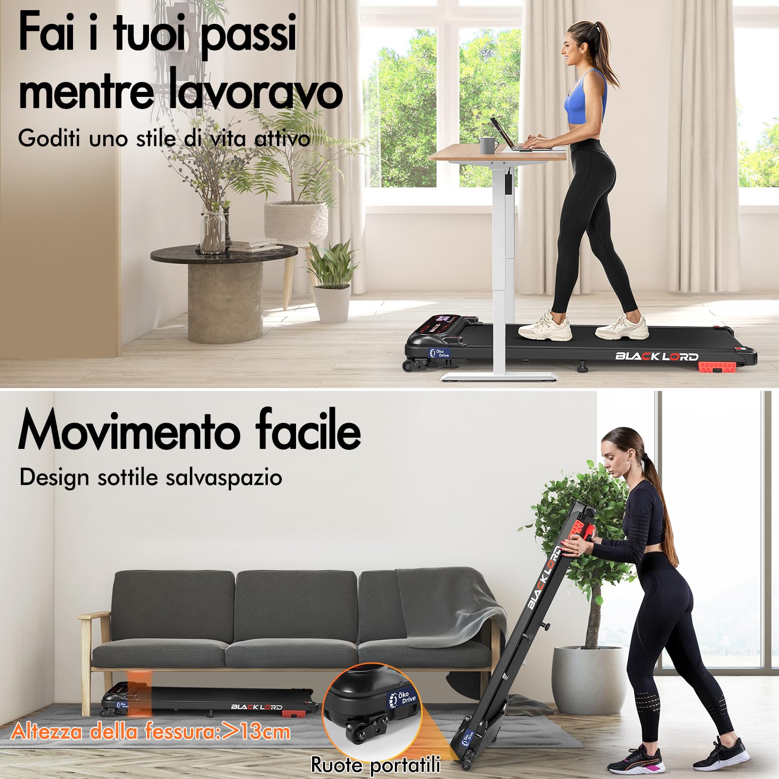 BLACK LORD Tapis roulant X7, Walking Pad sottoscrivania, Motore silenzioso 3.0CV, Portata 130kg, Tracciamento Bluetooth, 3 livelli inclinazione, Nastro antiscivolo (Senza maniglione, Nero)