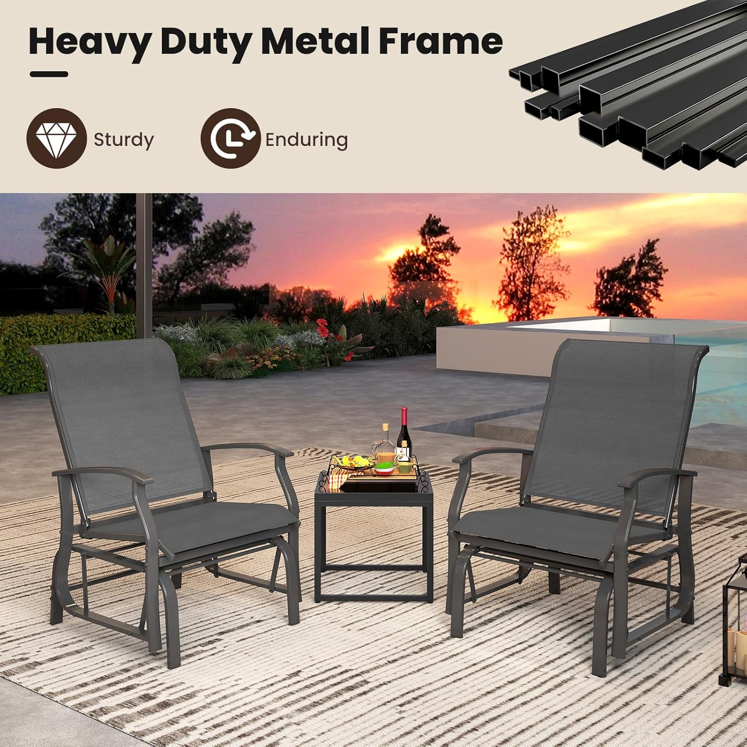 Giantex 2-Pack Outdoor Glider Rocking Chairs, Rockers with Ergonomic Backrest & Seat, Extra Armrests, Metal Frame, Anti-Scratch Foot Pads, Load 350Lbs, Patio Gliders for Porch, Yard, Garden, Grey