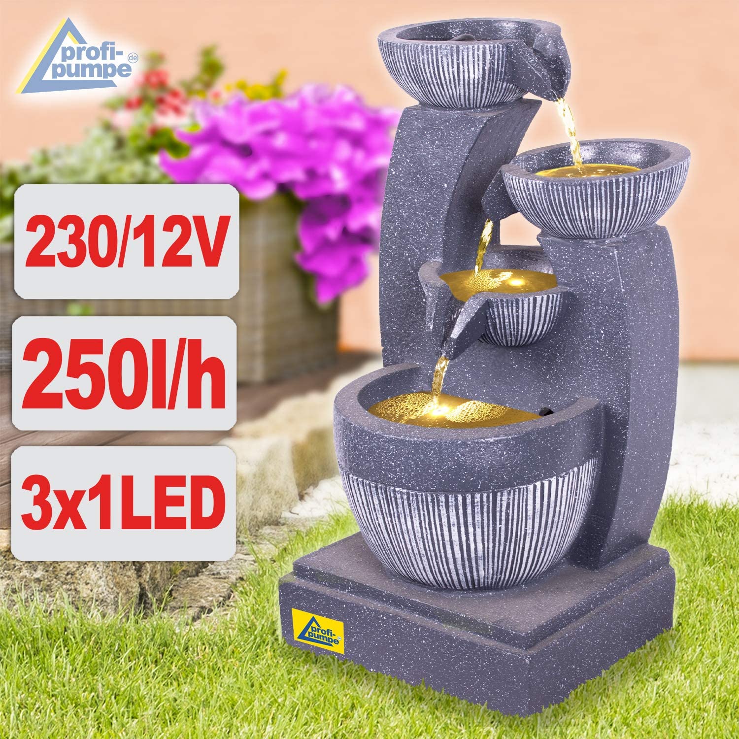 profi-pumpe.de Fontanna ogrodowa studnia ozdobna fontanna pokojowa fontanna z oświetleniem LED – 230 V wodospad do ogrodu, stawu ogrodowego