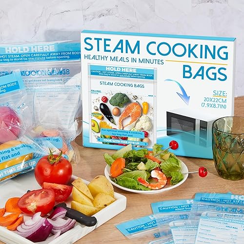 Miniatura 8 de 20 bolsas de vapor para microondas, bolsas de cocción al vapor con cremallera para verduras, patatas, mariscos, carne, verduras y alimentos