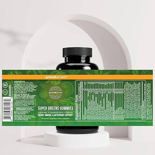 Miniatura 5 de Primal Harvest Super Greens - Gomitas de superalimentos con hongos adaptogénicos, vitaminas y minerales ricos en nutrientes y antioxidantes para