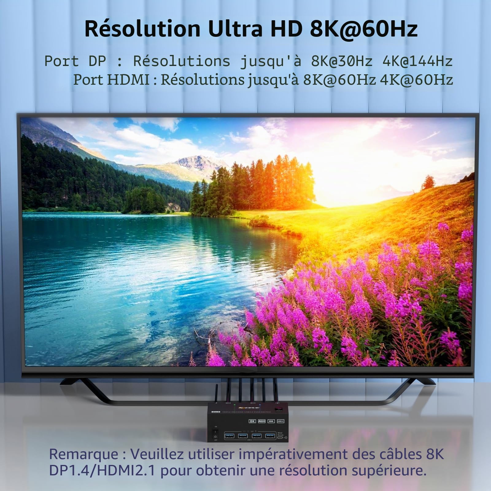Switch KVM 2 PC 3 moniteurs 8K@60Hz 4K@144Hz, commutateur KVM triple moniteur DisplayPort + HDMI et 4 ports USB 3.0 pour 2 PC Share 3 moniteurs, avec alimentation 12 V DC et télécommande filaire