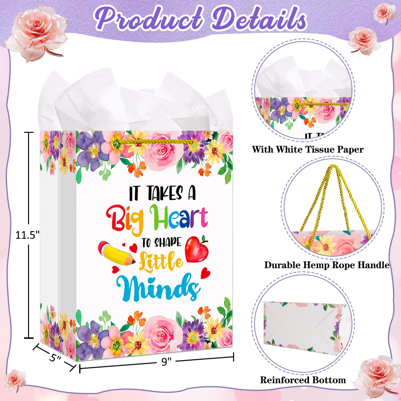 WhatSign Teacher Appreciation Gift Bags - 11.5" Teacher Retirement Gift Bag with Handle Thank You Teachers End of Year Teachers Gifts Wrap Bags with Tissue Paper