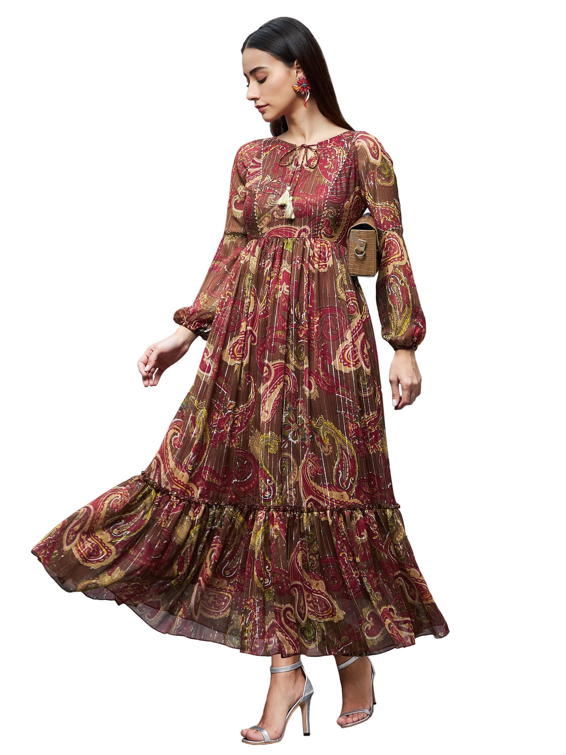 Miss Chase Women's Multicolored-Base-Brown Relaxed Fit Maxi Lurex Chiffon Dress (Mcss22D16-17-179-05, Brown, L)