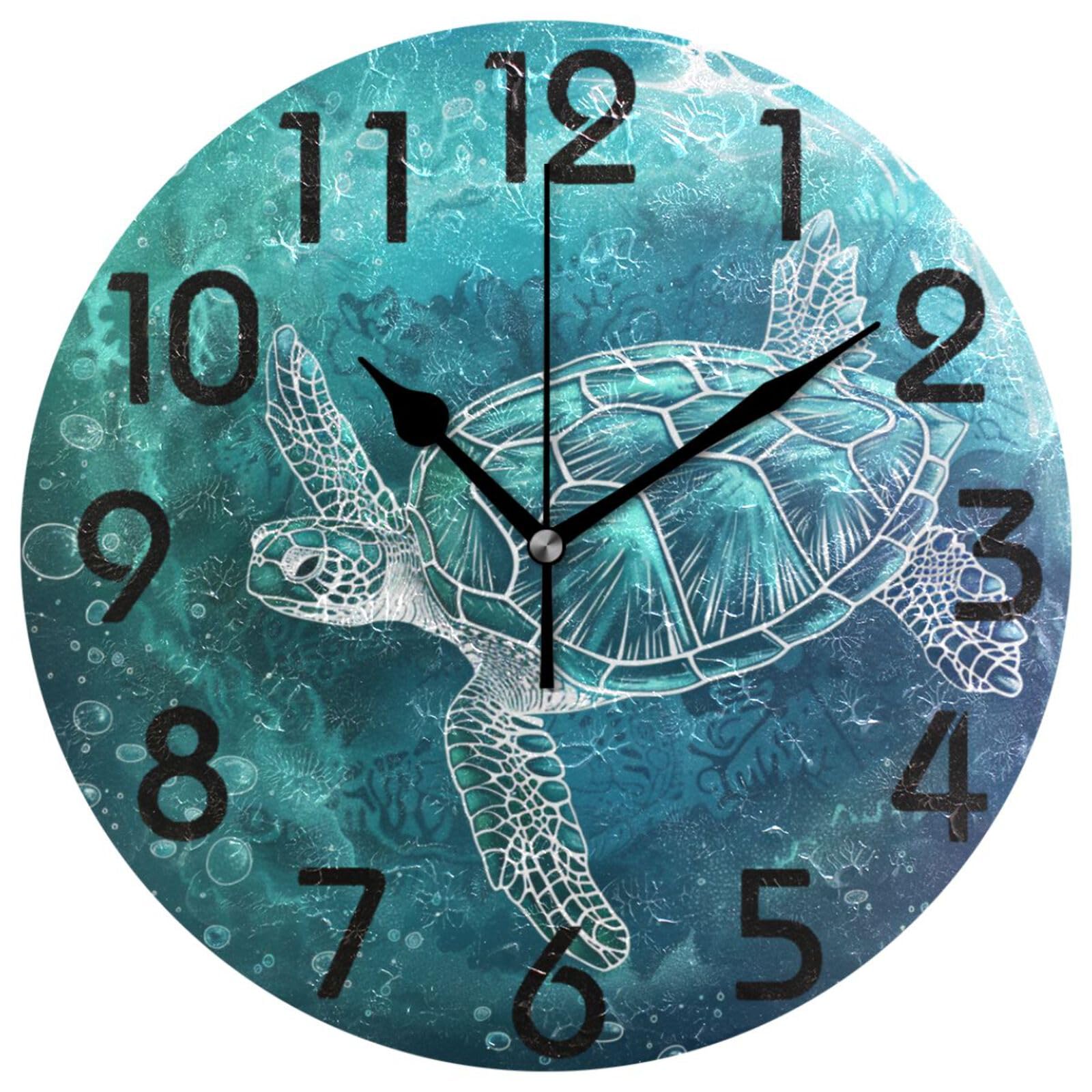 ZzWwR Beautiful Swimming Sea Turtle Art Round Wall Clock, 10 Inch Analog Quiet Non Ticking Desk Clock for Home Kitchen/Living Room/Bedroom/Bathroom/Office