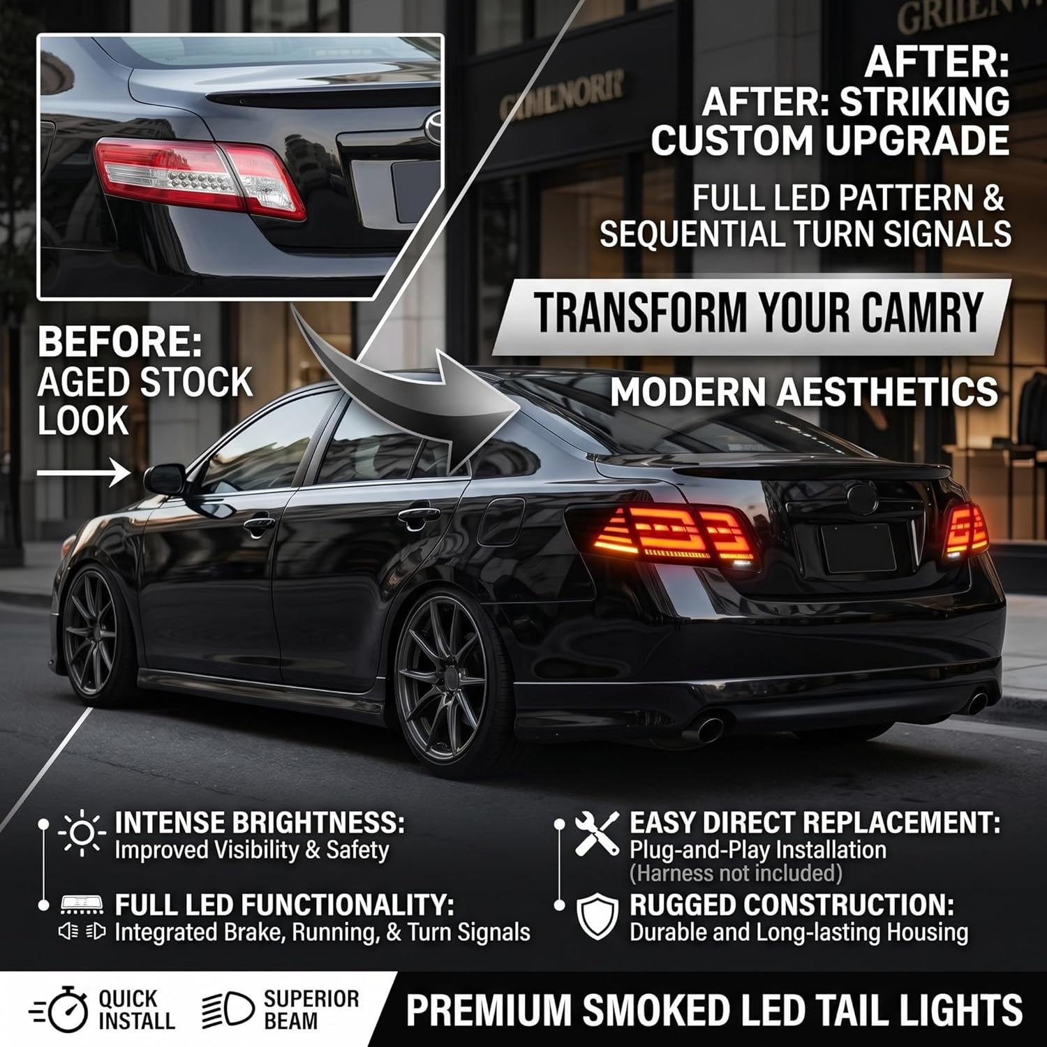 HCMOTIONZ LED Tail Light Assembly Compatible with 2007-2011 Toyota Camry xv40 Aurion Start UP Animation Sequential Turn Light Passenger & Driver Side 2pcs (Smoked)