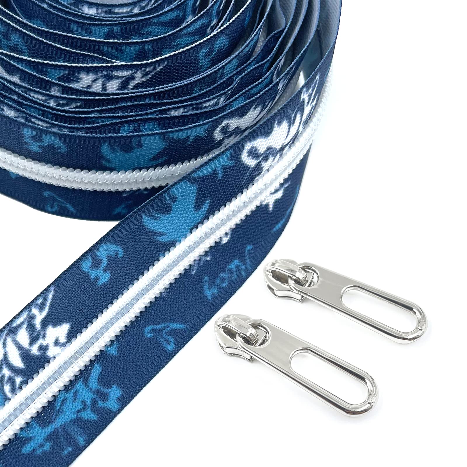 YIXI-SBest #5 Metallic Nylon Coil Zippers 5 Yards Sewing Zippers Bulk DIY Zipper by The Yard Bulk with 10PCS Zipper Slider for DIY Sewing (White Teeth Denim Blue Tape)