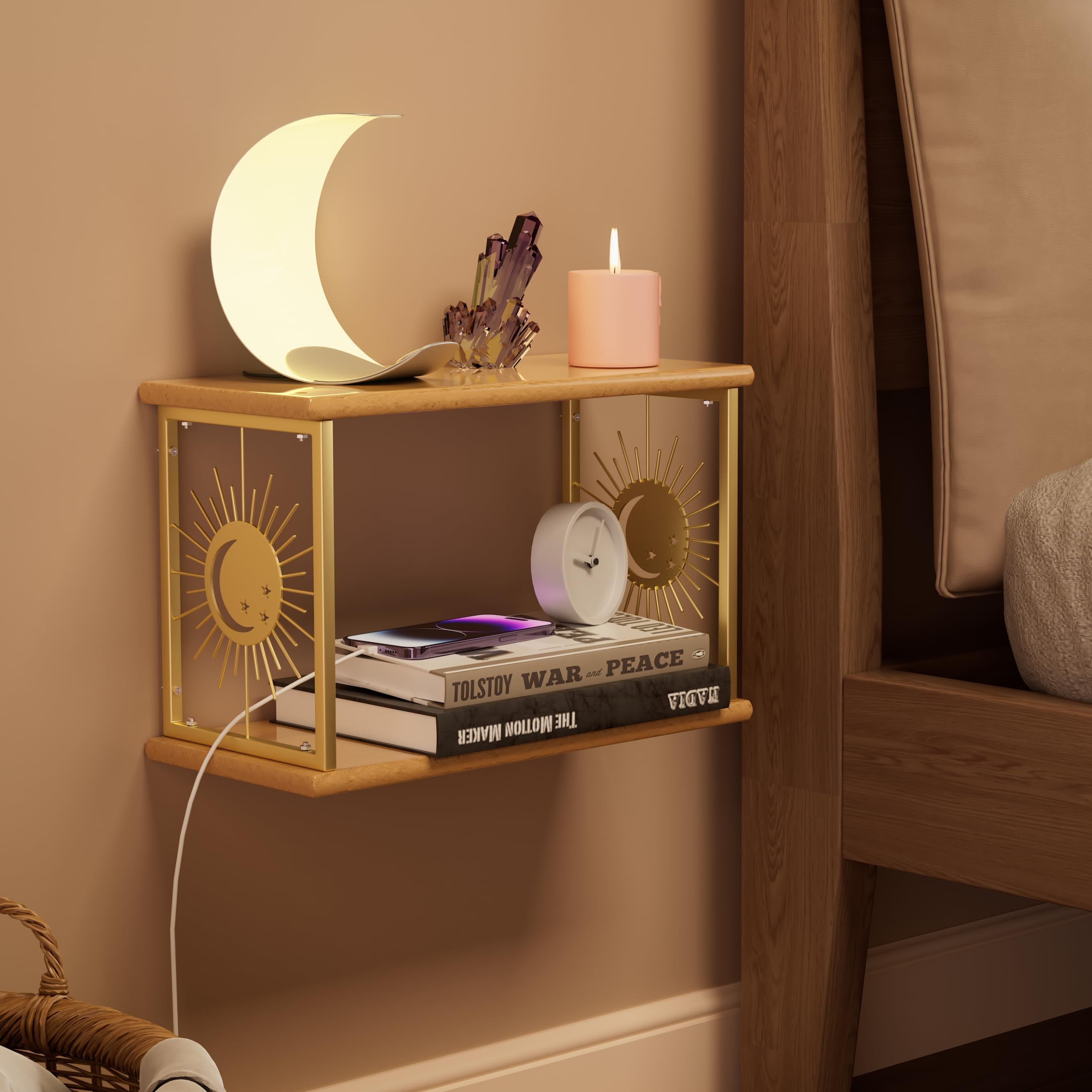 Apresolar Floating Nightstand Wall Mounted - Natural Solid Wood Night Stand, Bedside Table 2 Tier Shelf, Modern Metal Celestial Side Floating Shelves