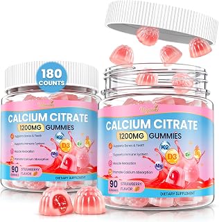 2 Pack Calcium Citrate Gummies 1200mg Sugar- Free for Kids & Adults with Vitamin D3, B6, K2, Mg, Zn for Bones, Muscle, Immune Support High Dose Chewable Calcium Supplements Strawberry Flavor 180 Count