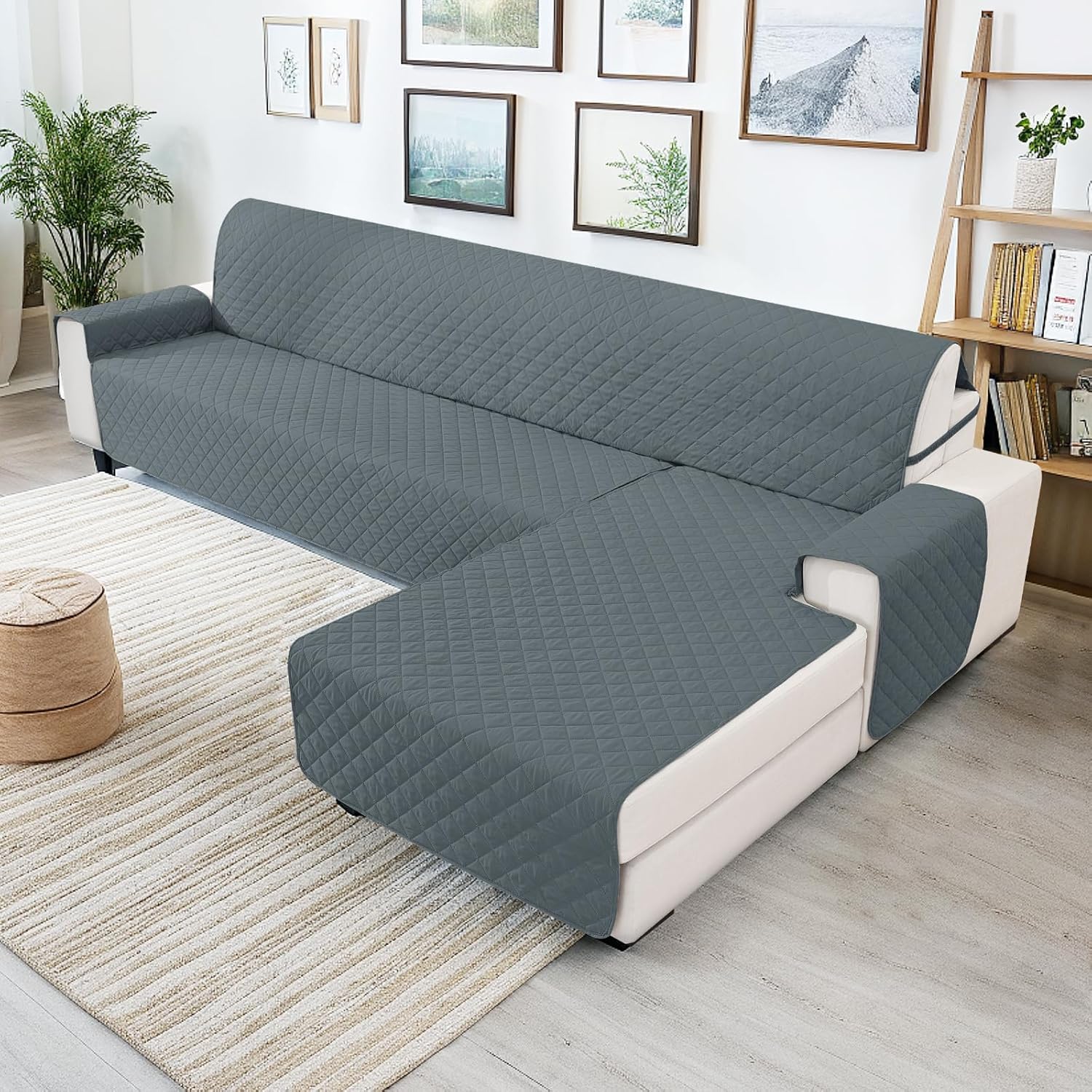 Impermeable Funda Sofa Chaise Long 3 Plazas, Funda Chaise Longue Derecho/Izquierdo Reversible, Universal, Ajustables, Antideslizante, Lavable, para Gatos Perros, Gris Oscuro