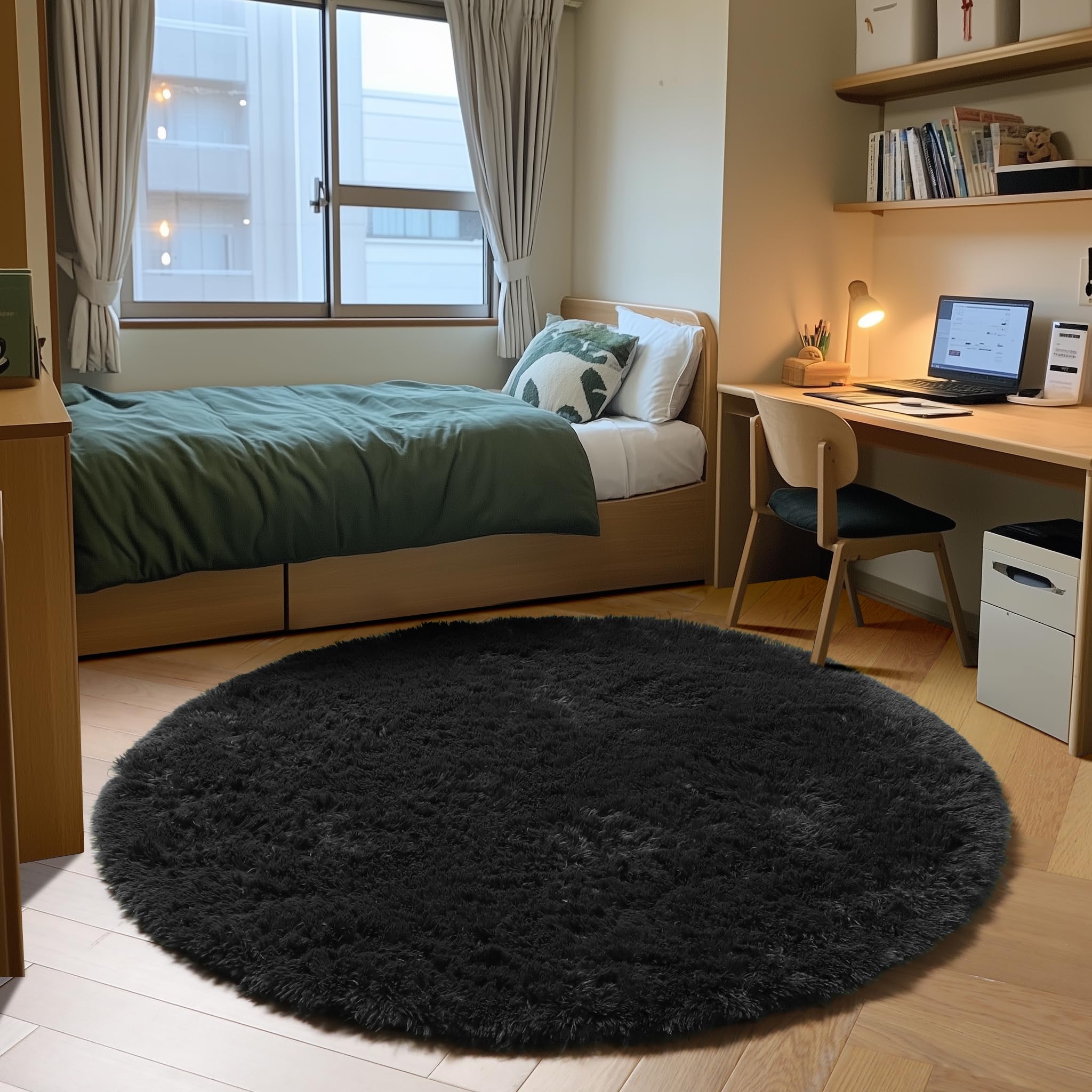 ONASAR Black 1.5m x 1.5m Soft Round Rug for Bedroom, Nursery, Living Room, Kids Room, Fluffy Carpet, Shaggy Floor Mat, Furry Area Rug