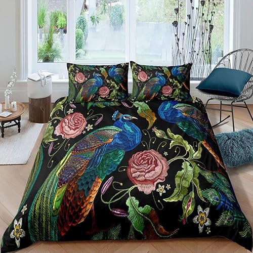 Erosebridal Funda de edredón de pavo real, tamaño matrimonial, funda de edredón de flores vintage, juego de ropa de cama de plumas de pavo real,