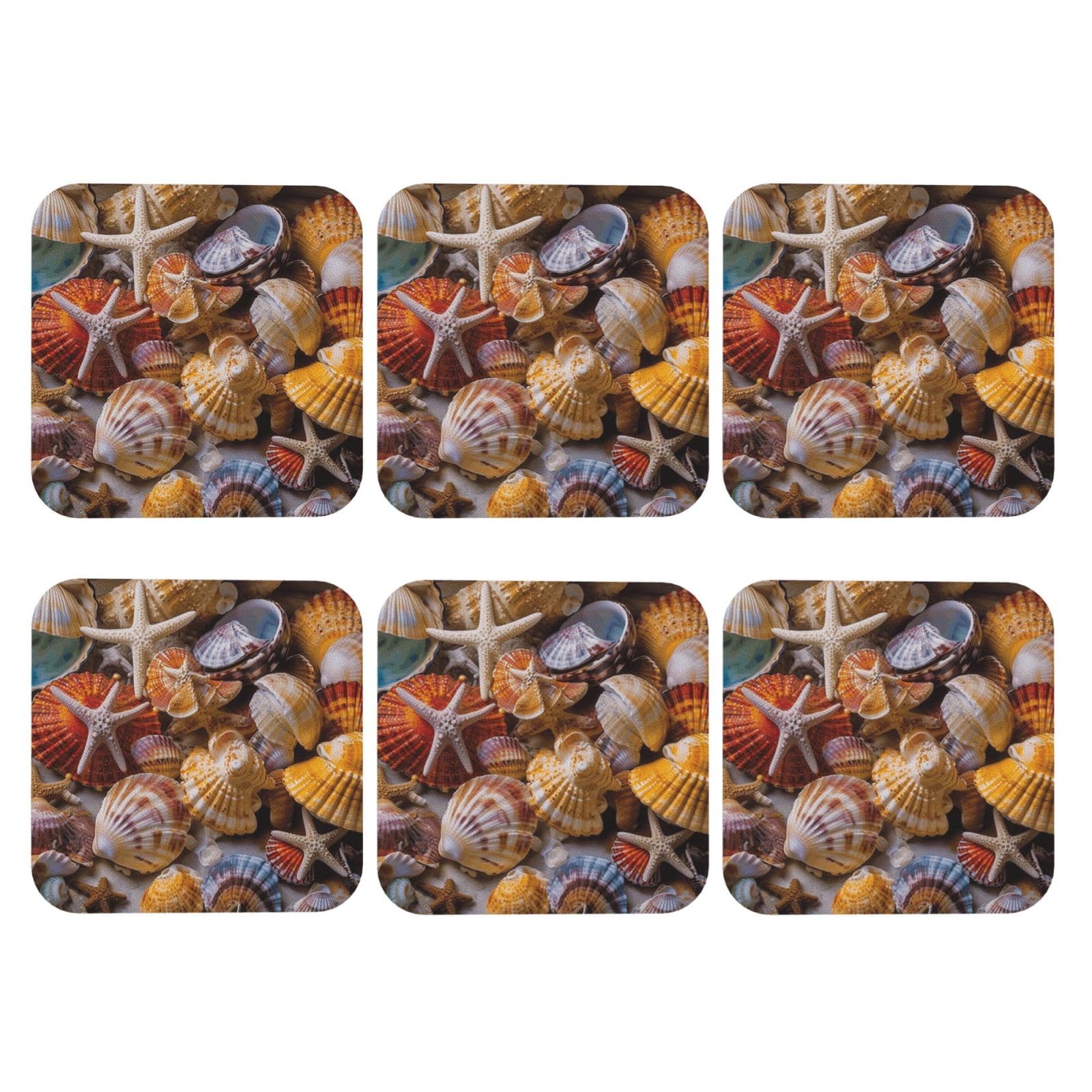6pcs Leather Coasters for Drinks, Sea Shell Treasures Drink Coasters for Tabletop Protection, 4" Cup Coasters for Coffee Table Decor, Non-Slip Drinking Cup Mat for Hot Or Cold Drink