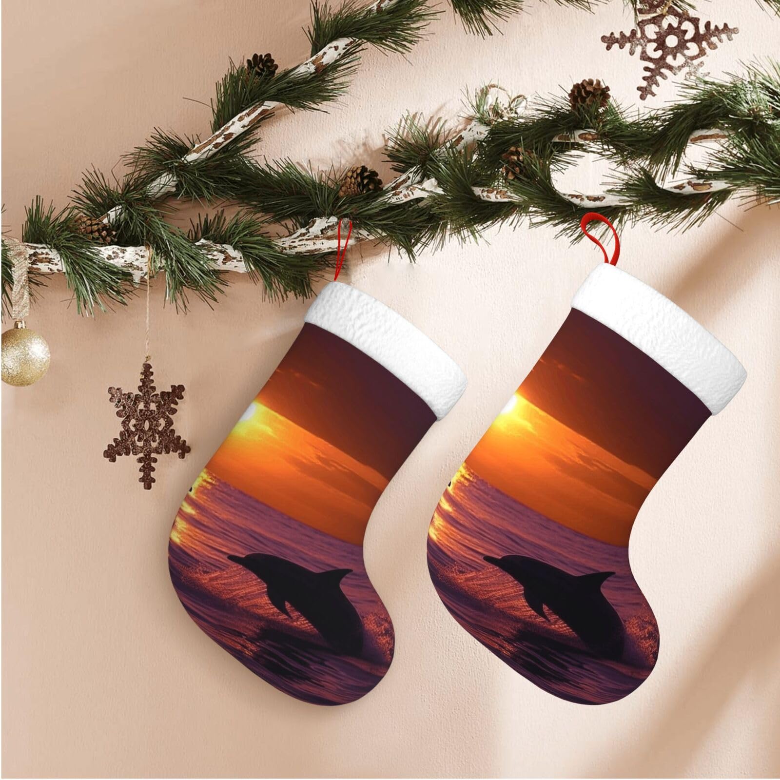 17.7" Christmas Stocking 1 Piece, Sunset Dolphins Xmas Stockings with White Plush Cuff Fireplace Hanging Stocking for Christmas Holiday Party Decoration