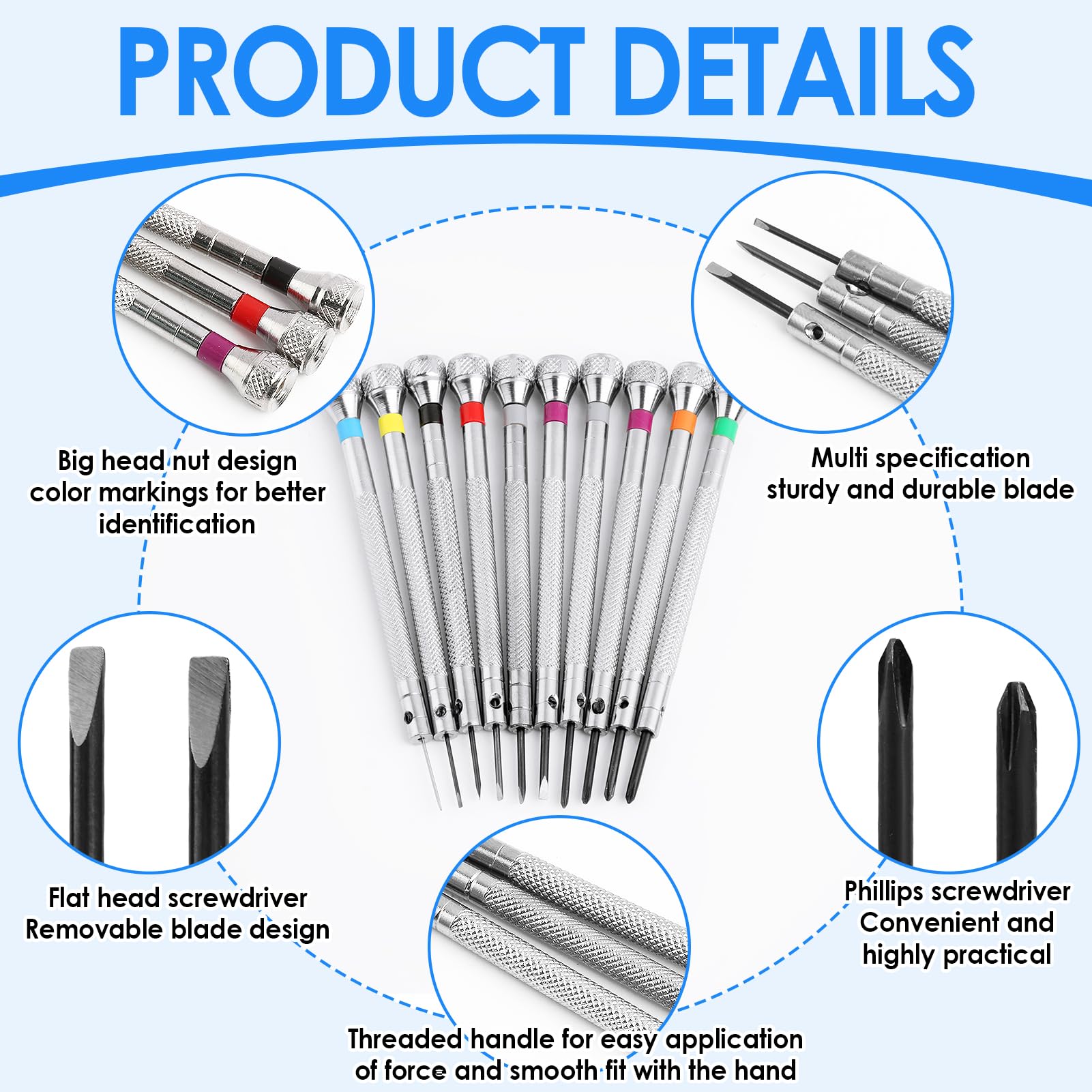 21 Pcs Watchmakers Screwdriver Set 0.6-1.6 mm Precision Screwdriver Kit for Jewellers Watch Eyeglasses Clocks Jewelry Tools Repair Magnetizer (10 Screwdrivers 10 bits 1 demagnetizer) - Image 3