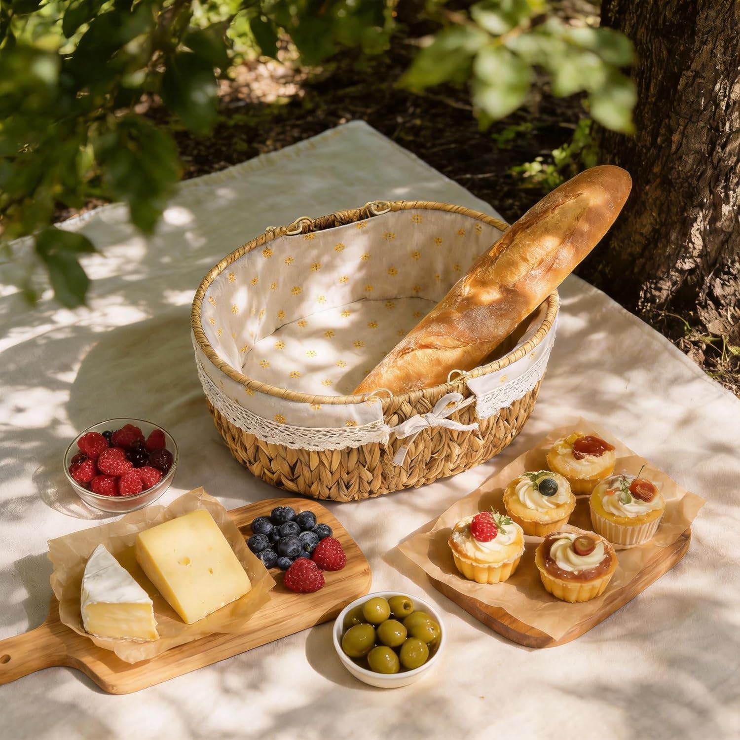 Oval Wicker Picnic Basket with Folding Handles and Lining for 2, Handwoven Water Hyacinth Hamper,Willow Hand Woven Shopping Basket, Bath Storage Camping Outdoor Beach Gift