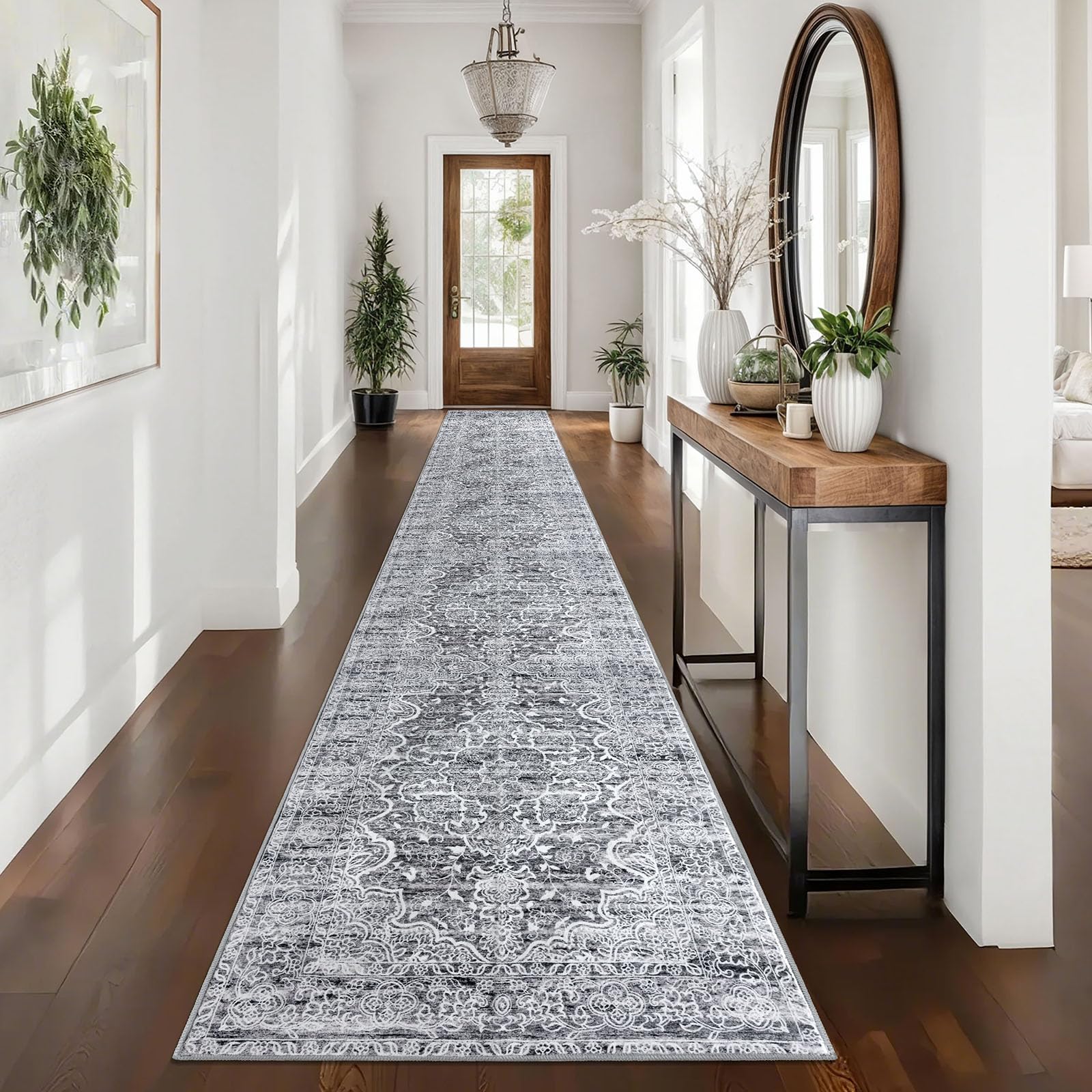 KUTA Vintage Washable Runners for Hallways 2.6x16, Non-Slip 16ft Extra Long Kitchen Runner Rug, Grey Blue White Ultra Soft Printed Floral Medallion Stair Runners Indoor for Bedroom — image 1