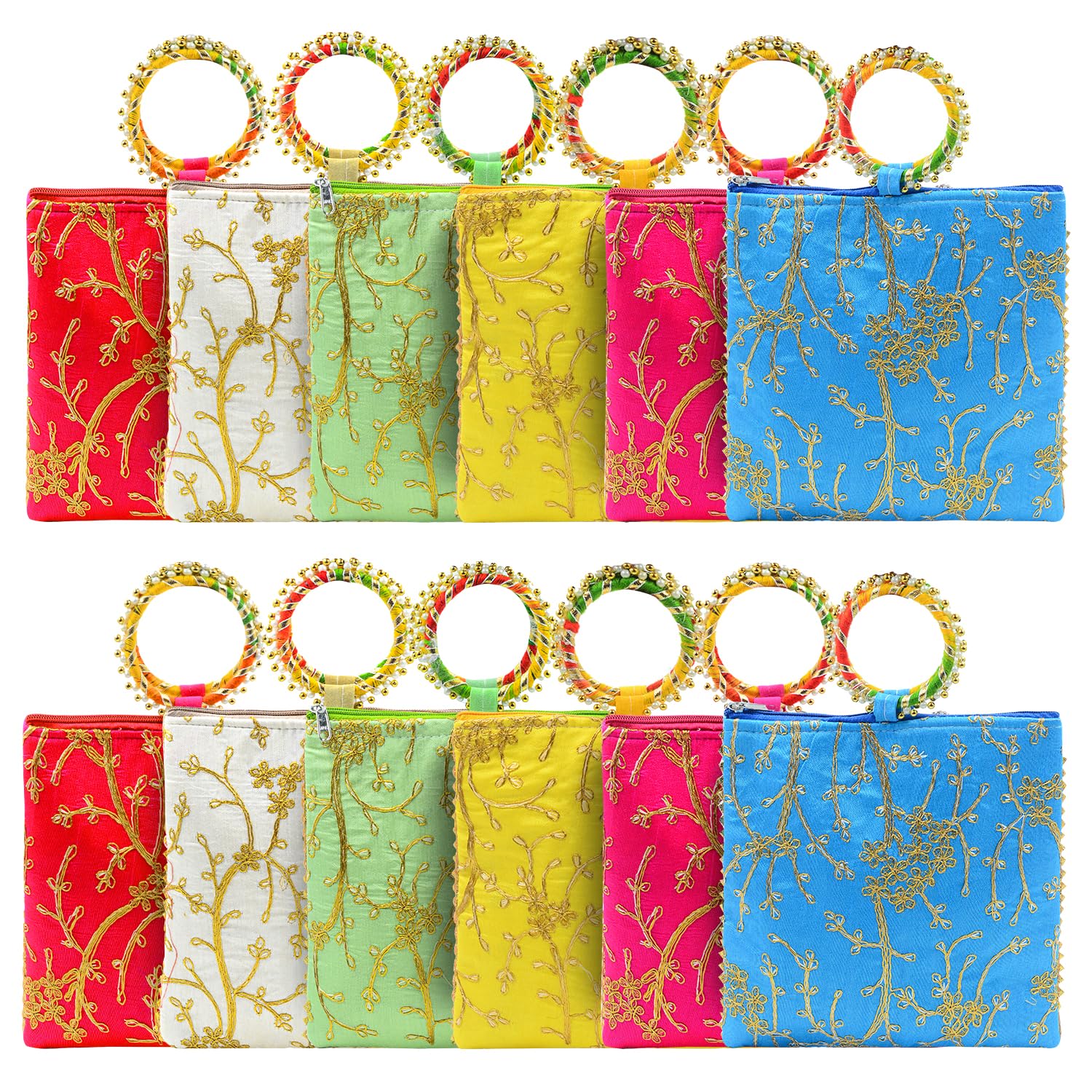 Women Potli Bags | Gifting Potli with Zip & Bangle Handle | Traditional Shagun Return Gifts Potli for Mehandi, Haldi, Baby Shower, Wedding, Sangeet (Embroidered, Pack of 12)
