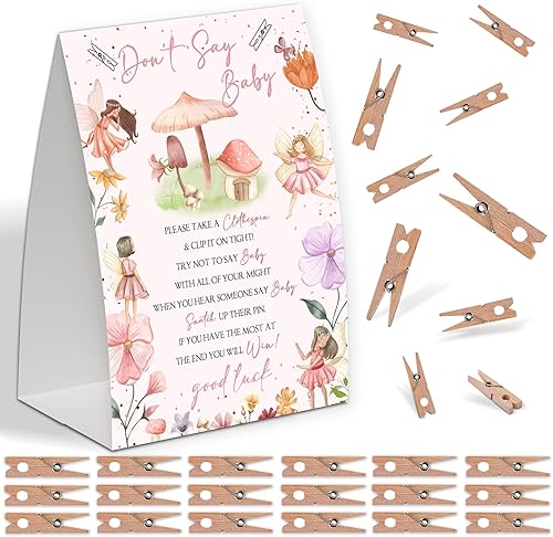 Encantado Pixie Fairy Shower Decoración, No digas Baby Shower Game, decoración de Baby Shower de género neutro, juego de pinzas para ropa pequeña,