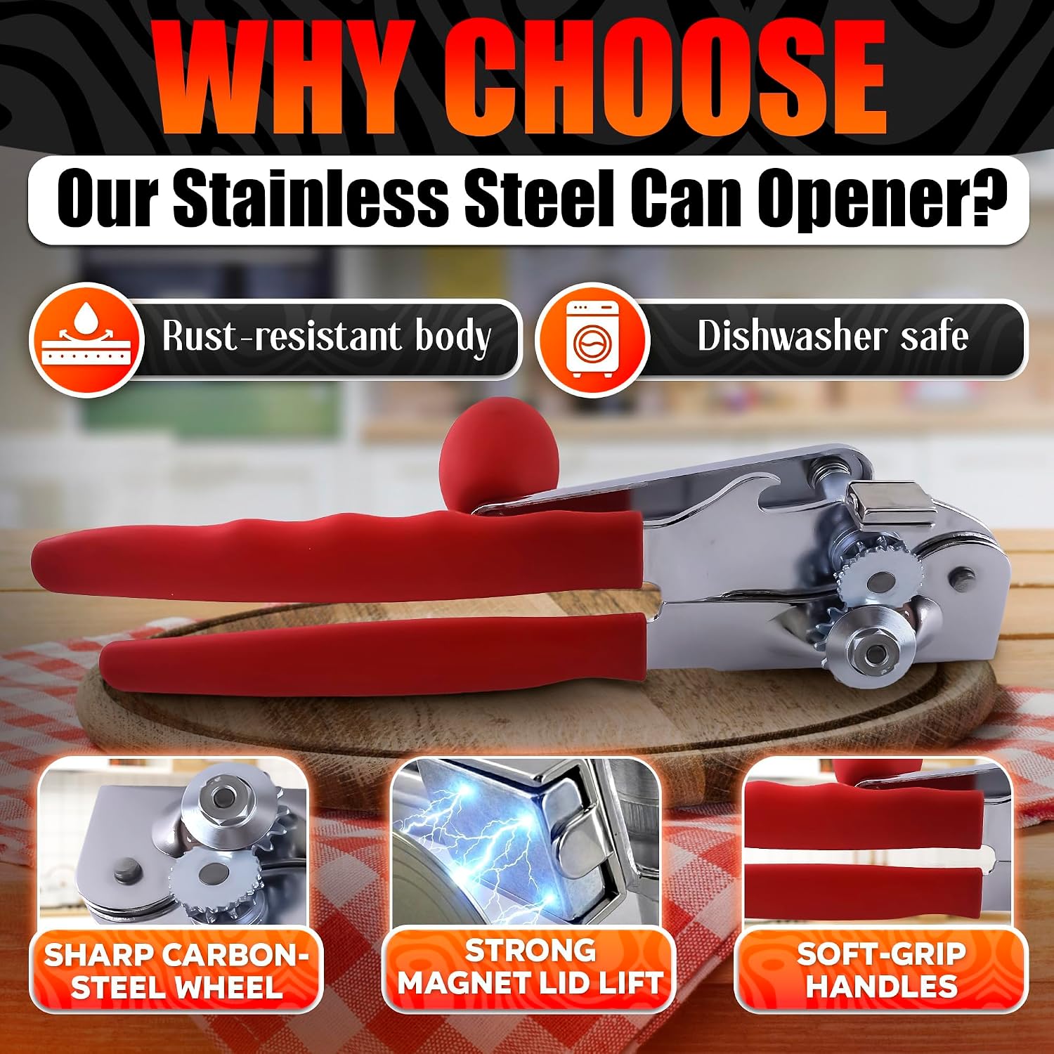 Heavy Duty Can Opener for Large and Small Cans - Manual Stainless Steel Can Opener with Ergonomic Long Handles - 360° Smooth Crank, Non Slip Grip, 2 in 1 Bottle Opener for Home, Cafes and Restaurants