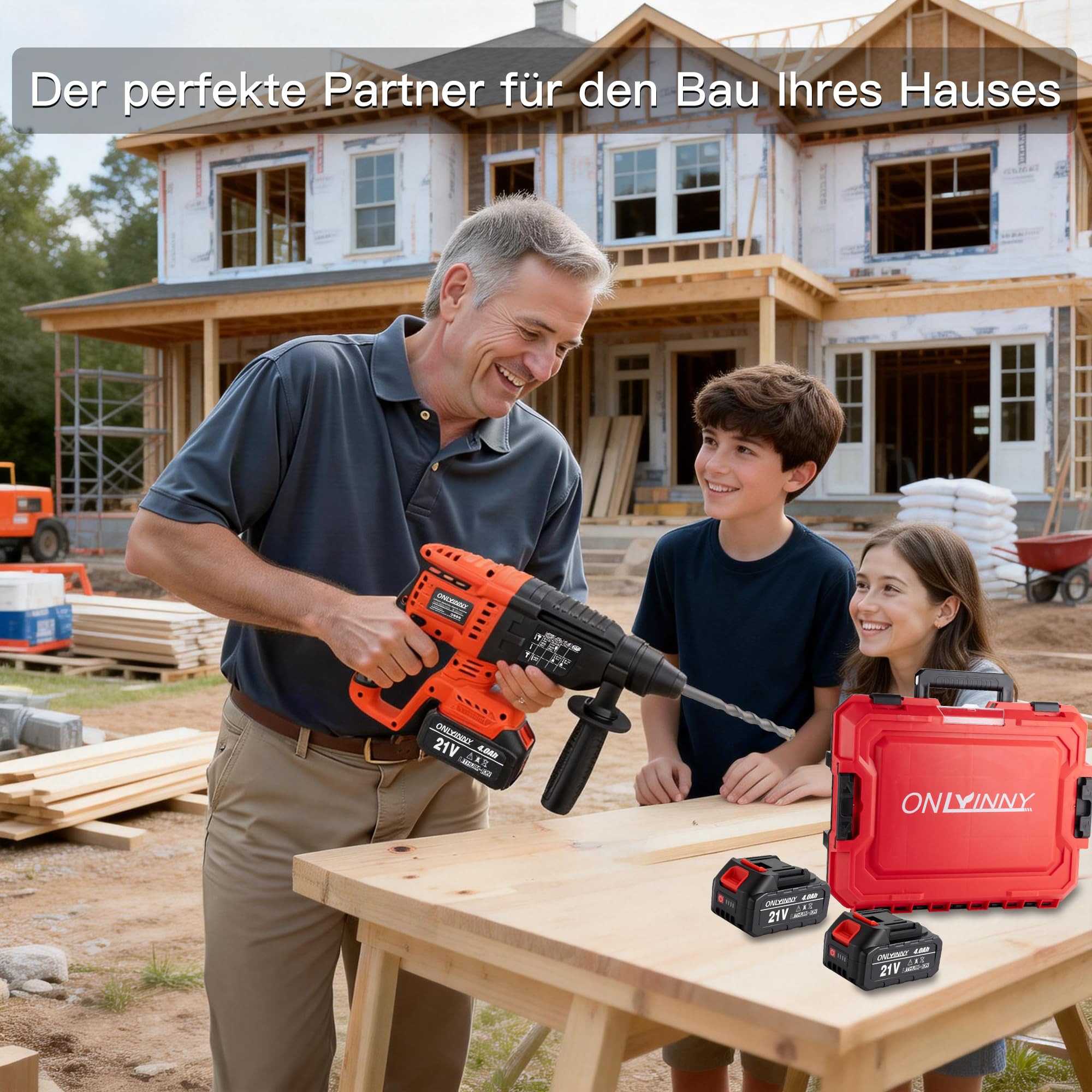 Akku Bohrhammer SDS Plus, Bürstenloser Motor Schlagbohrmaschine mit 3-in-1 Modus (Hammerbohren/Meißeln/Bohren), Kompatibel mit Makita 18V Akku, 4.0Ah 2x Akku Ladegerät im Koffer