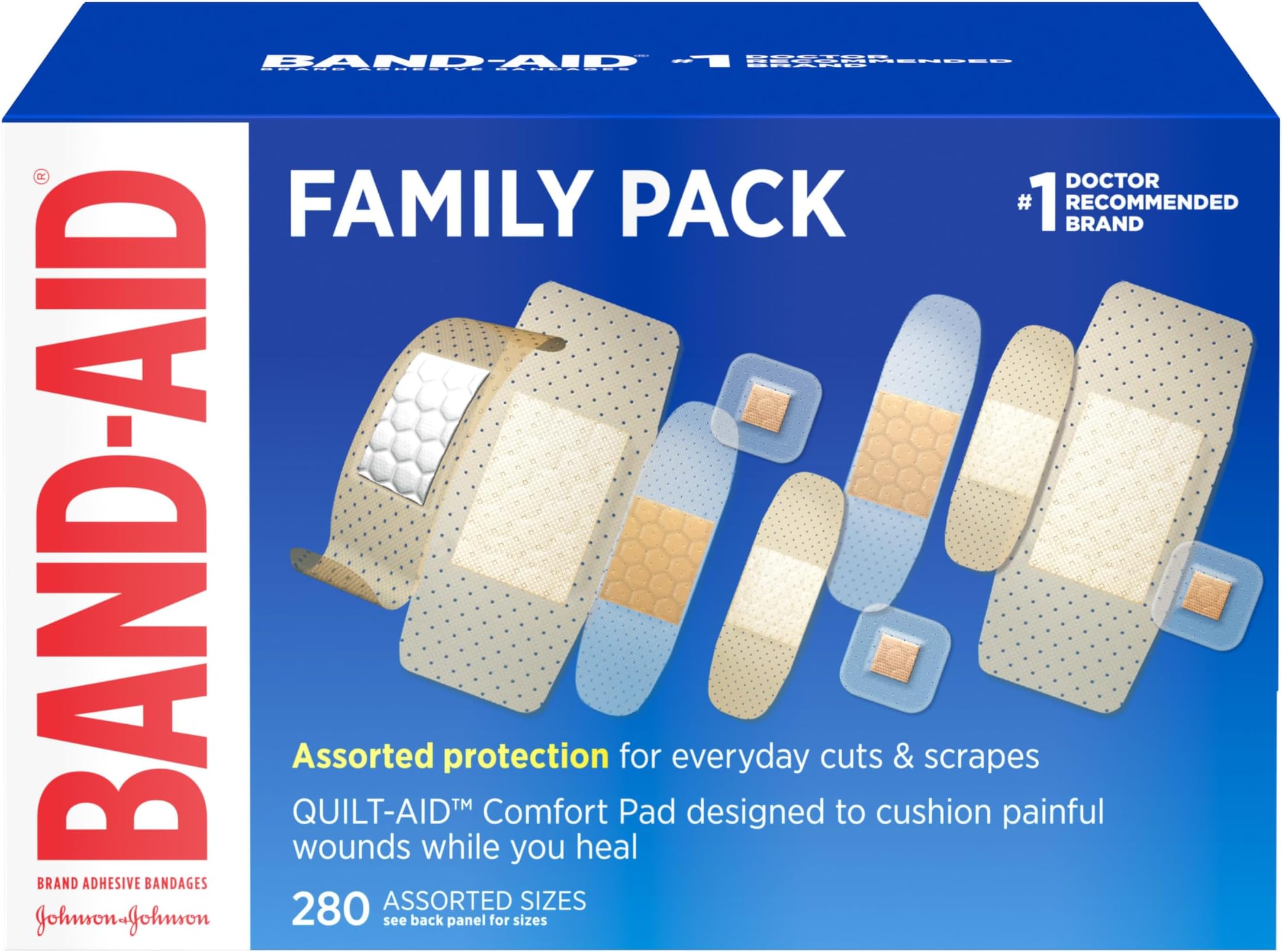BAND-AID Brand Adhesive Bandages Family Variety Pack, Sheer & Clear Flexible Sterile Individually Wrapped Strips & Spots, First Aid Wound Care for Minor Cuts, Scrapes, Burns, 5 Sizes, 280 ct