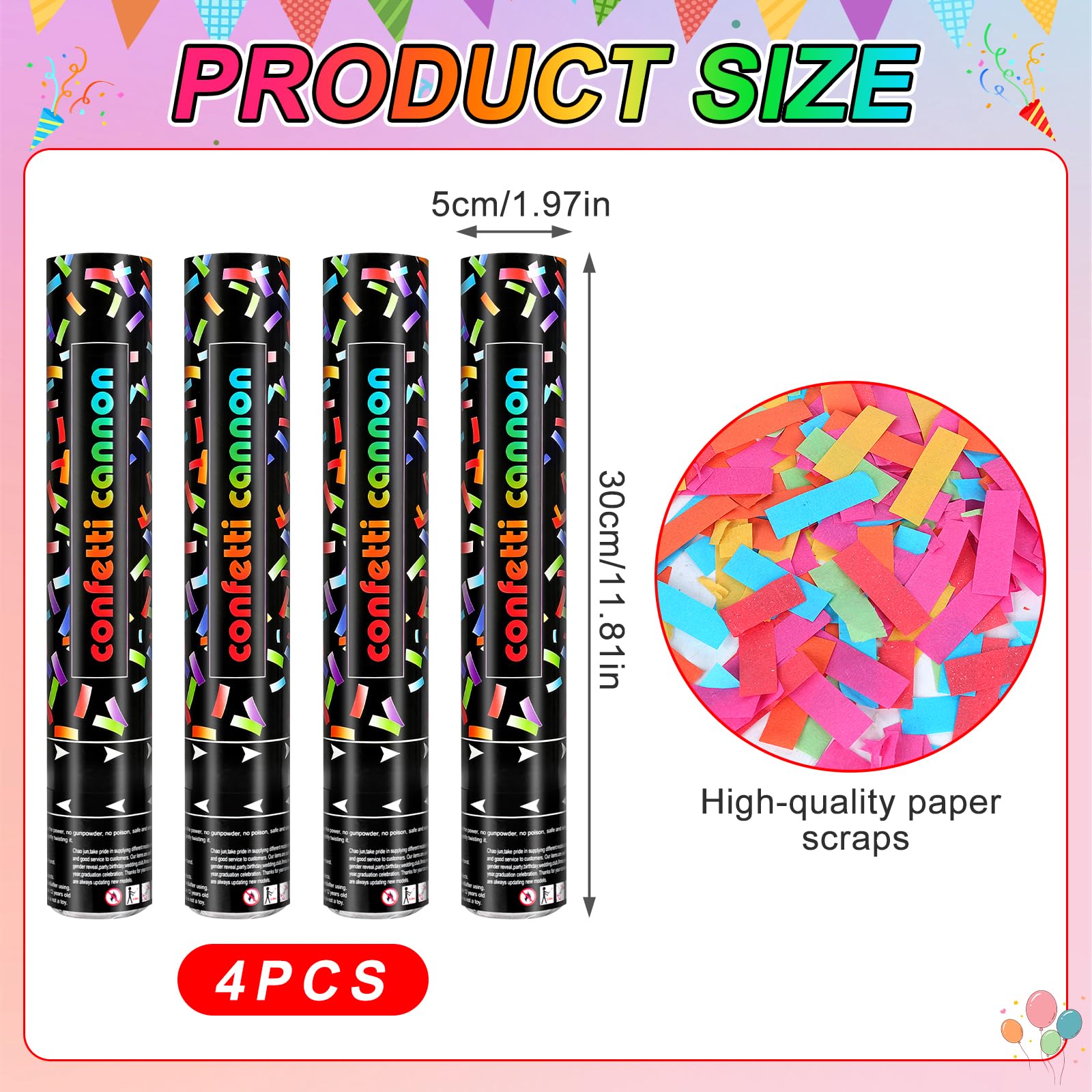 Mineup 4 * Cannone Spara Coriandoli, 30 cm Coriandoli Cannoni Popper, Flusso di Coriandoli di 3-5 Metri, Tubo Sparacoriandoli Matrimonio, Coriandoli Biodegradabili per Matrimonio, Festa, Compleanno